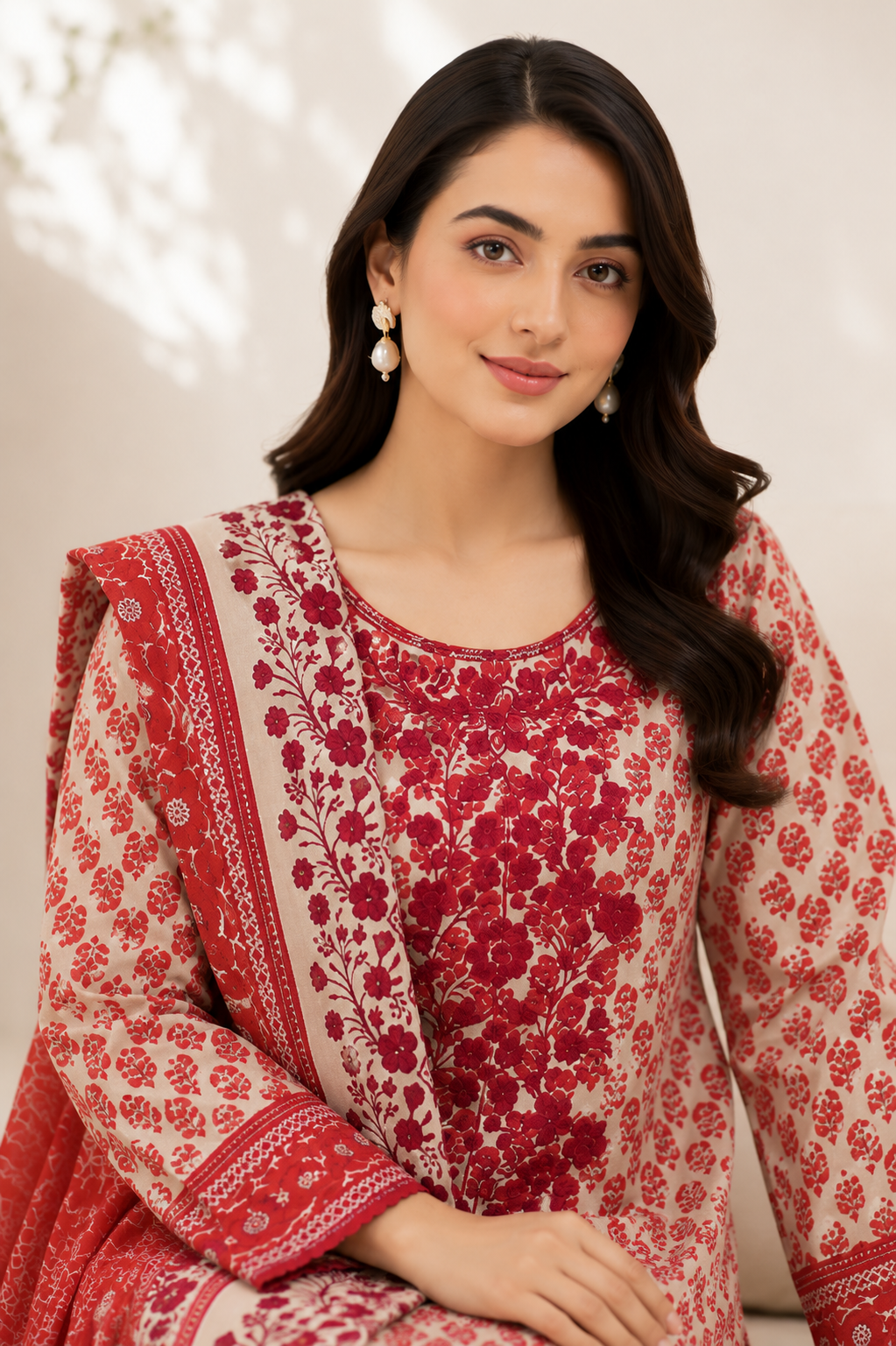 3 Pcs Unstitched Printed Embroidered Khaddar Suit in crimson red for women