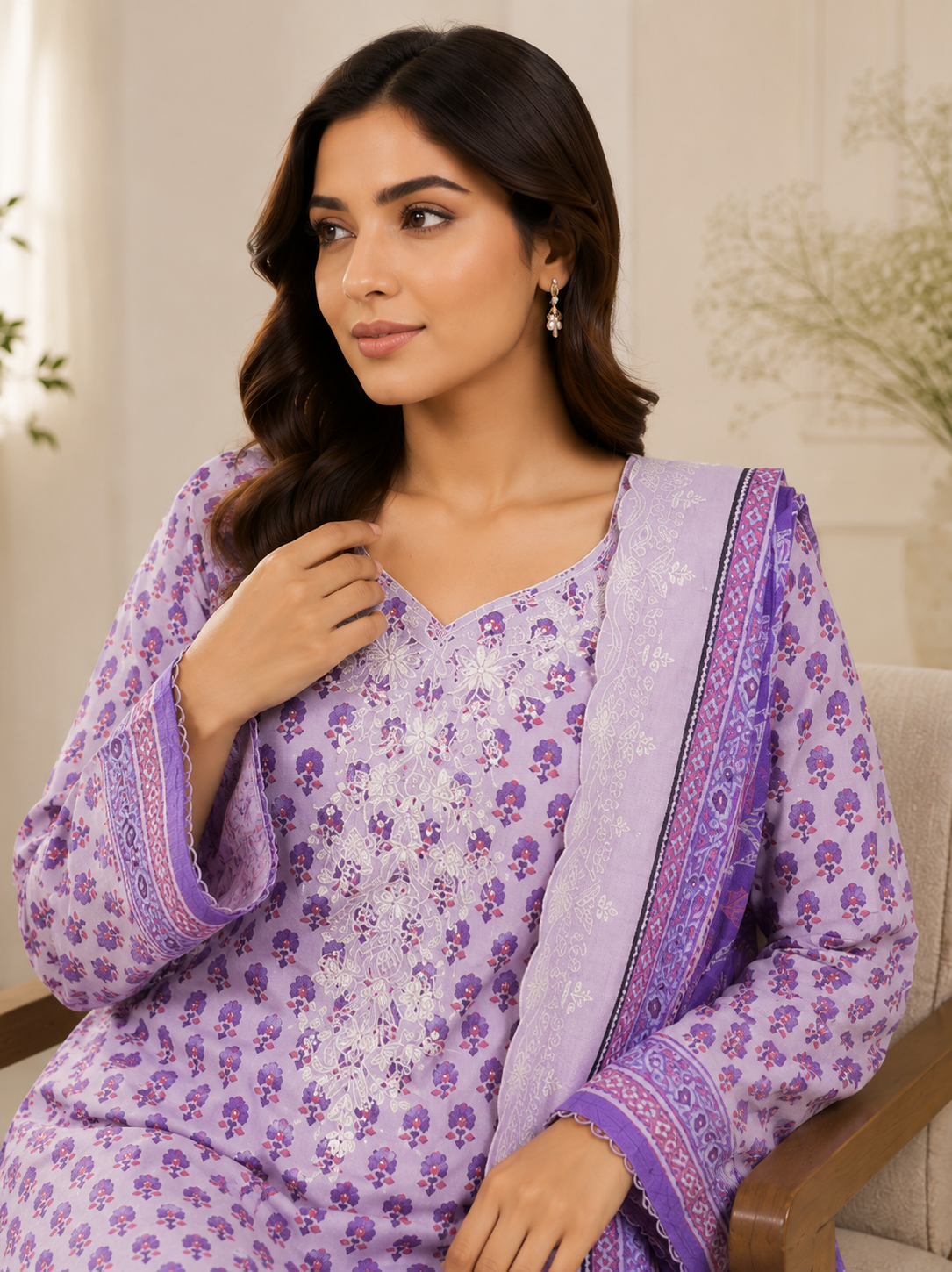3 Pcs Unstitched Printed Embroidered Khaddar Suit in lavender for women