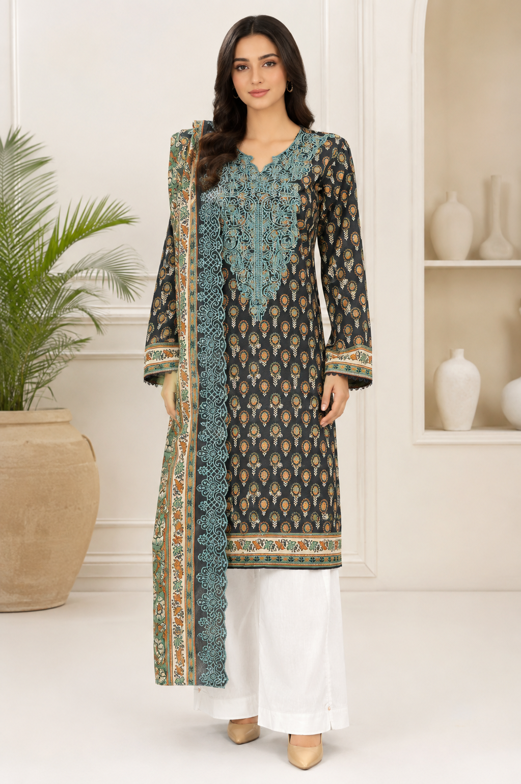3 Pcs Unstitched Printed Embroidered Khaddar Suit in charcoal black for women