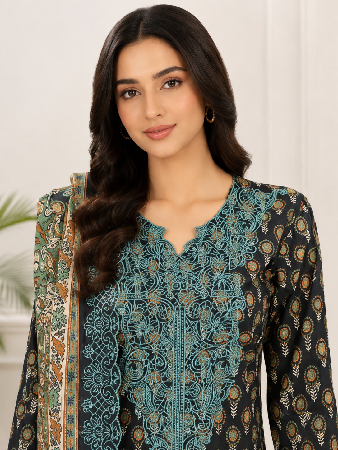 Charcoal black ethnic booti print on unstitched khaddar suit for women