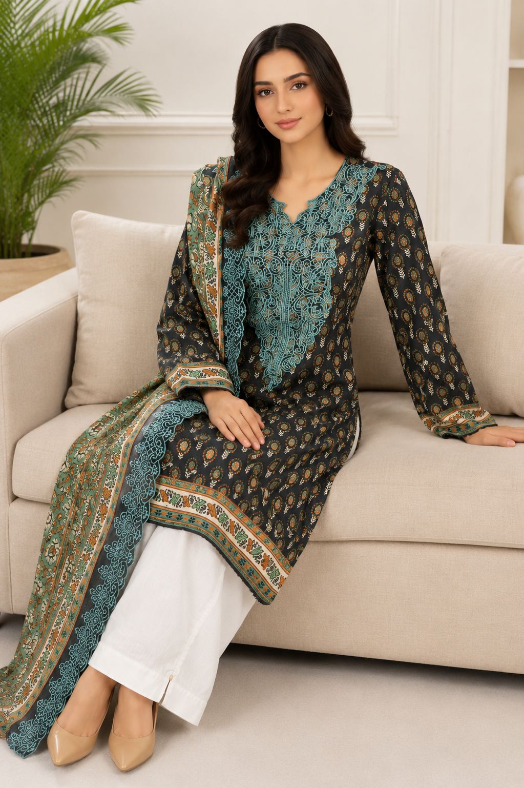 Charcoal black unstitched 3 Pcs Khaddar suit for women with green-accented printed shawl