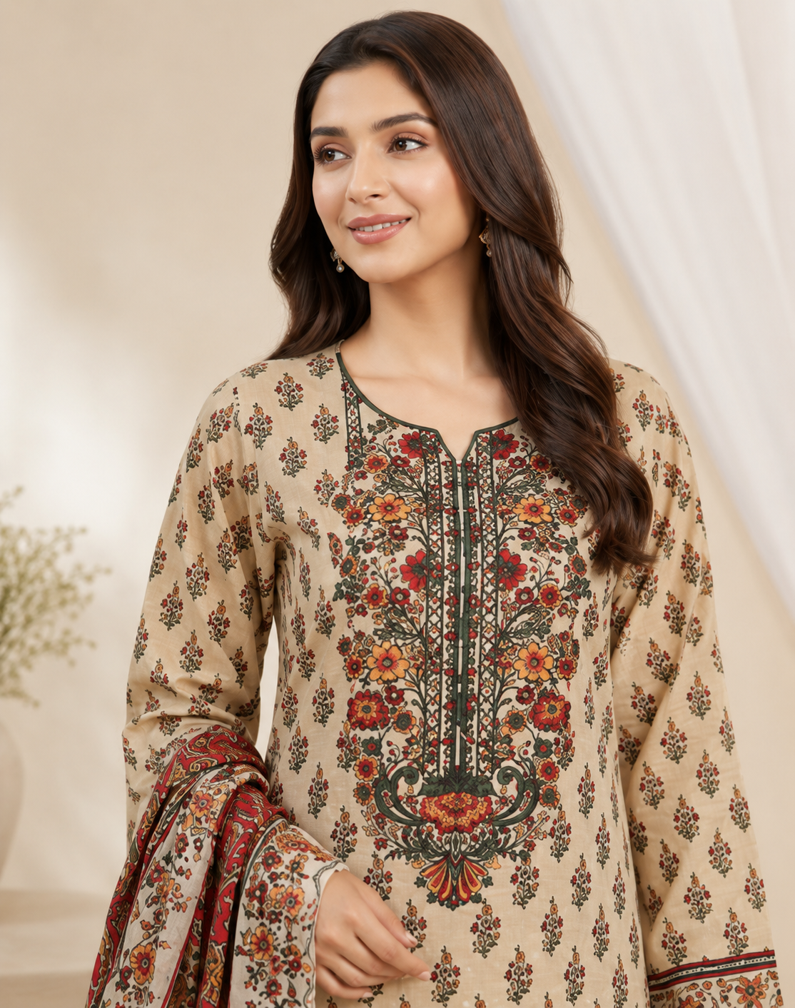 3 Pcs Unstitched Printed Embroidered Khaddar Suit in beige for women