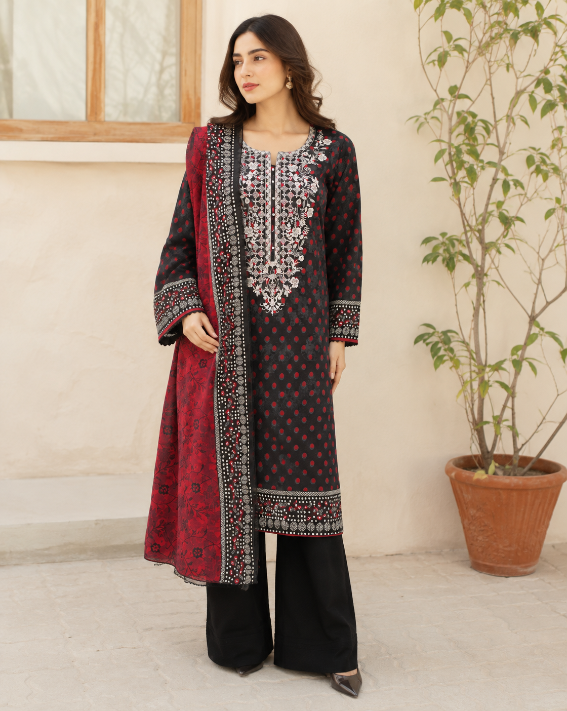 3 Pcs Unstitched Printed Embroidered Khaddar Suit in black for women