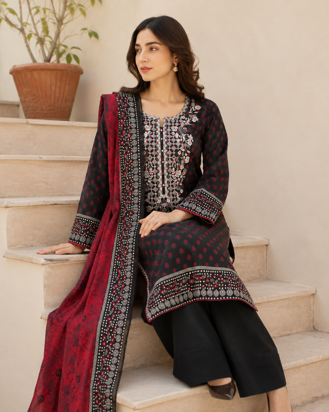 Black unstitched 3 Pcs Khaddar suit for women with crimson and black printed shawl