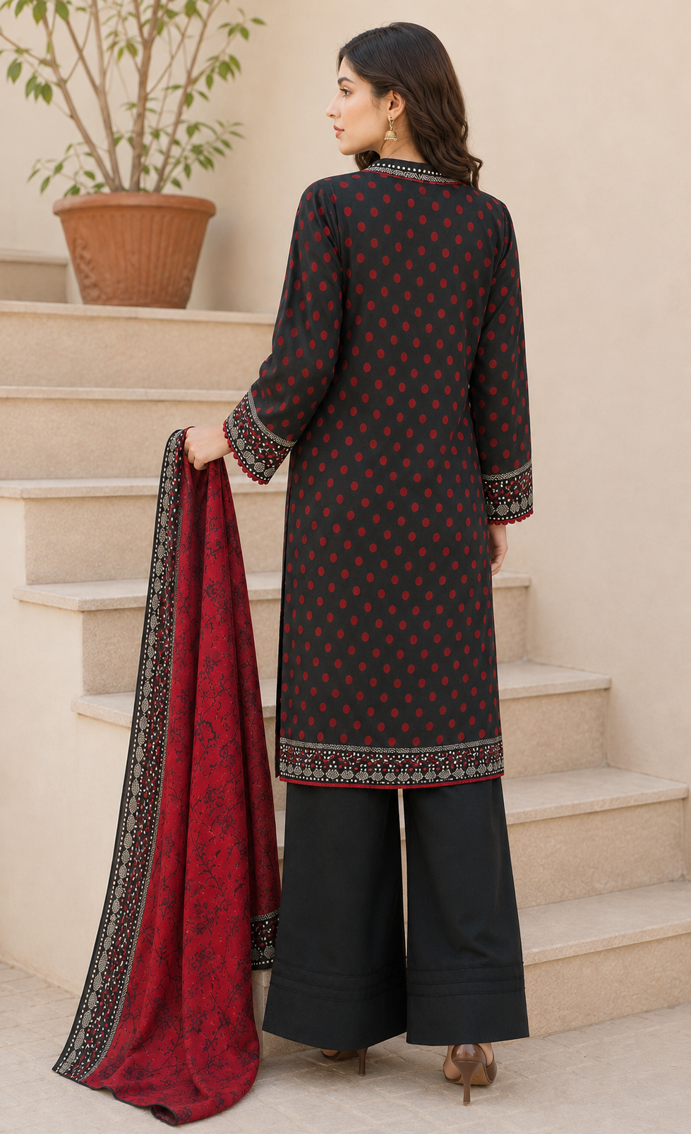 Women's black unstitched khaddar suit with silver-white neckline embroidery