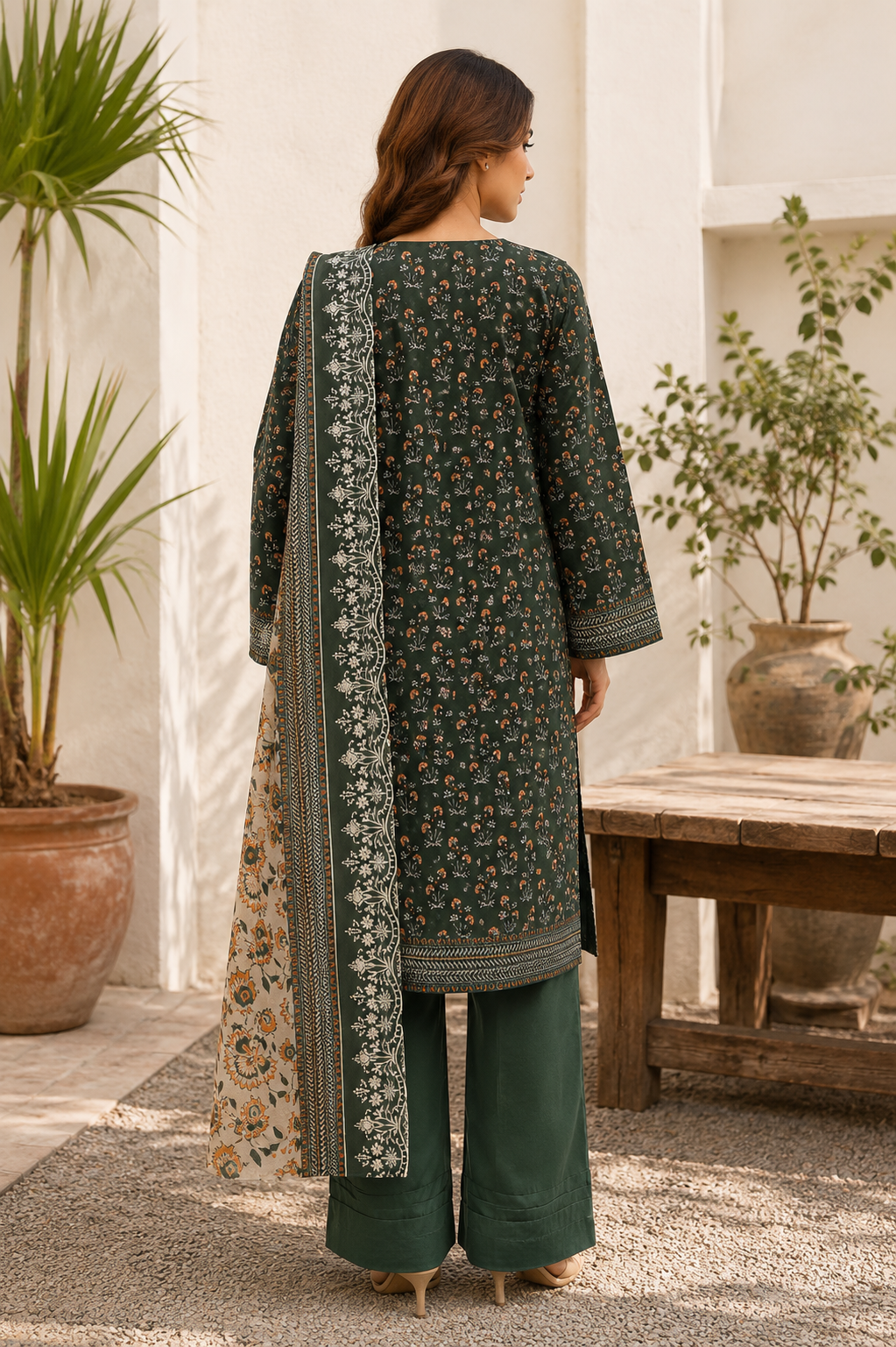 Deep emerald green ochre floral spray print on unstitched khaddar suit for women