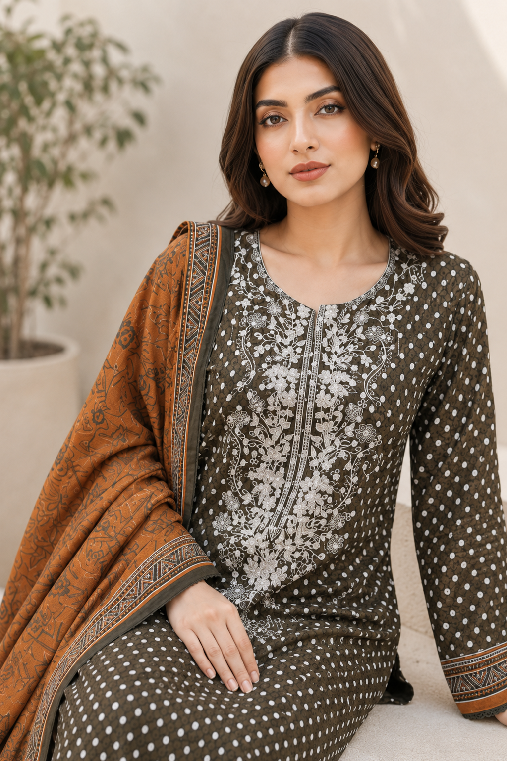 3 Pcs Unstitched Printed Embroidered Khaddar Suit in olive-brown for women