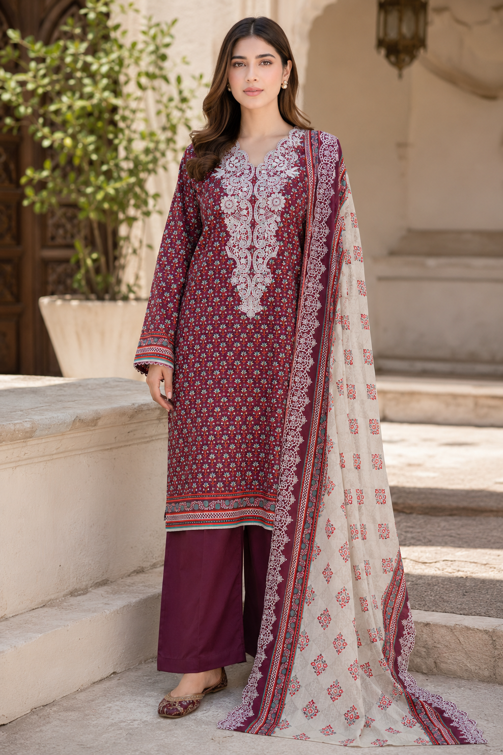 3 Pcs Unstitched Printed Embroidered Khaddar Suit in maroon-plum for women