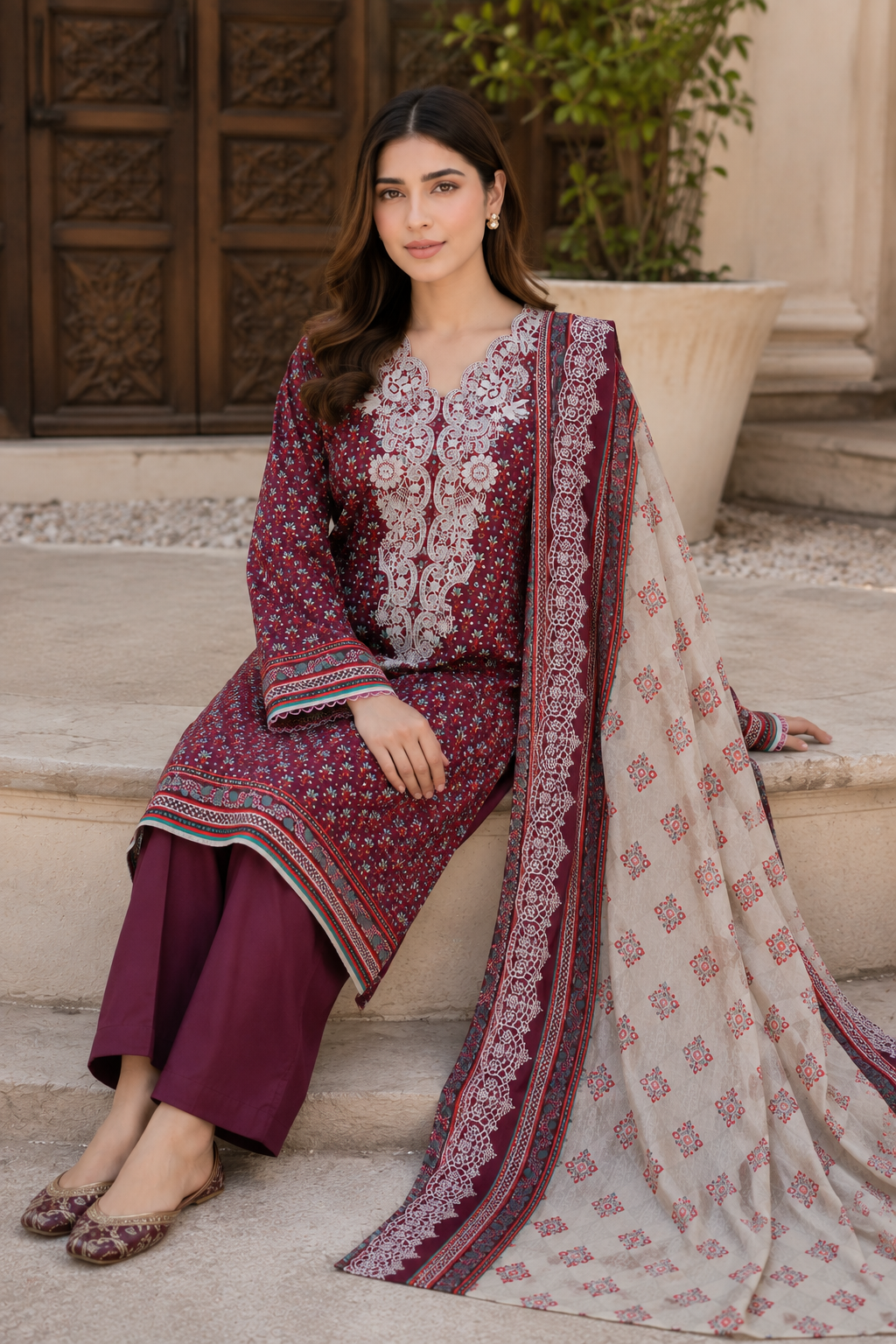 Maroon-plum unstitched 3 Pcs Khaddar suit for women with ivory printed shawl