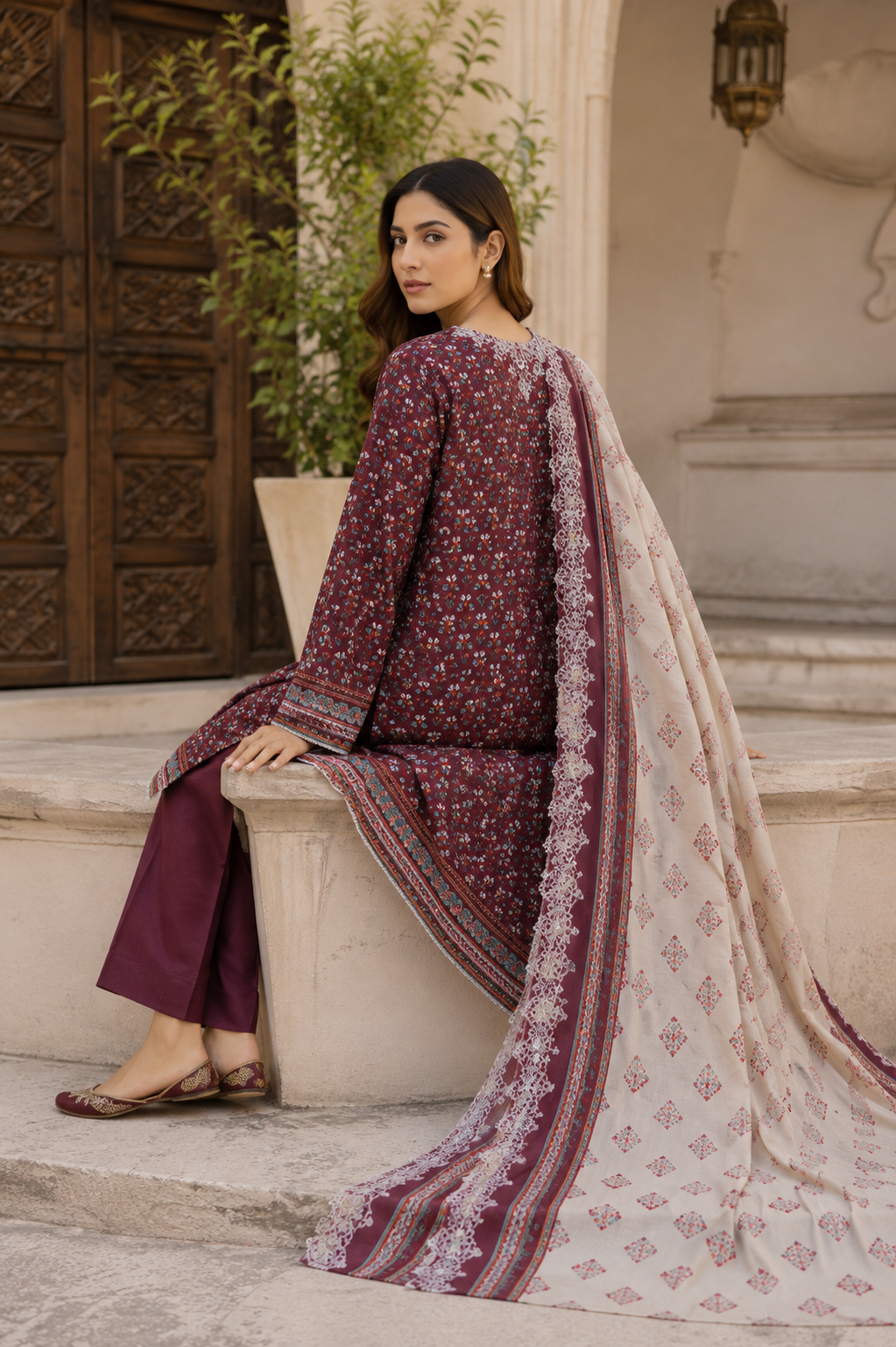 Women's maroon-plum unstitched khaddar suit with white neckline embroidery