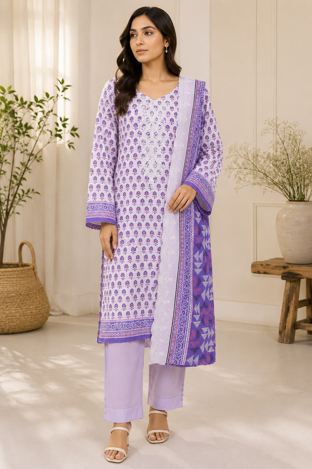 Lavender unstitched 3 Pcs Khaddar suit for women with printed purple shawl
