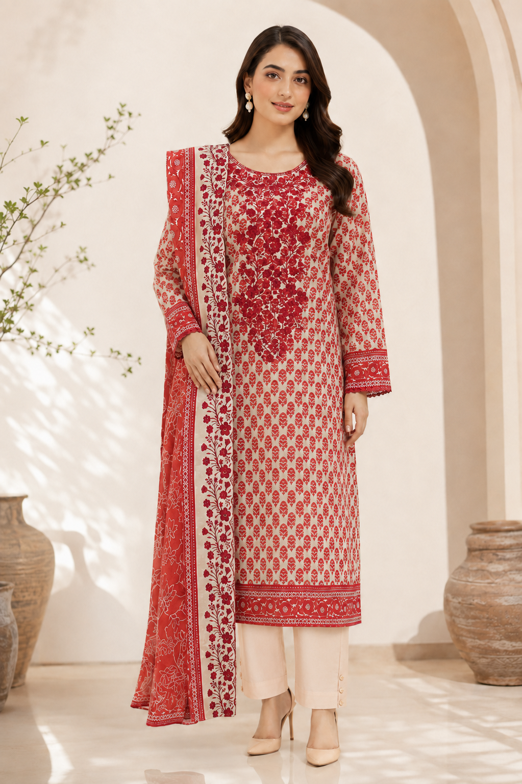 Crimson red geometric leaf motif print on unstitched khaddar suit for women