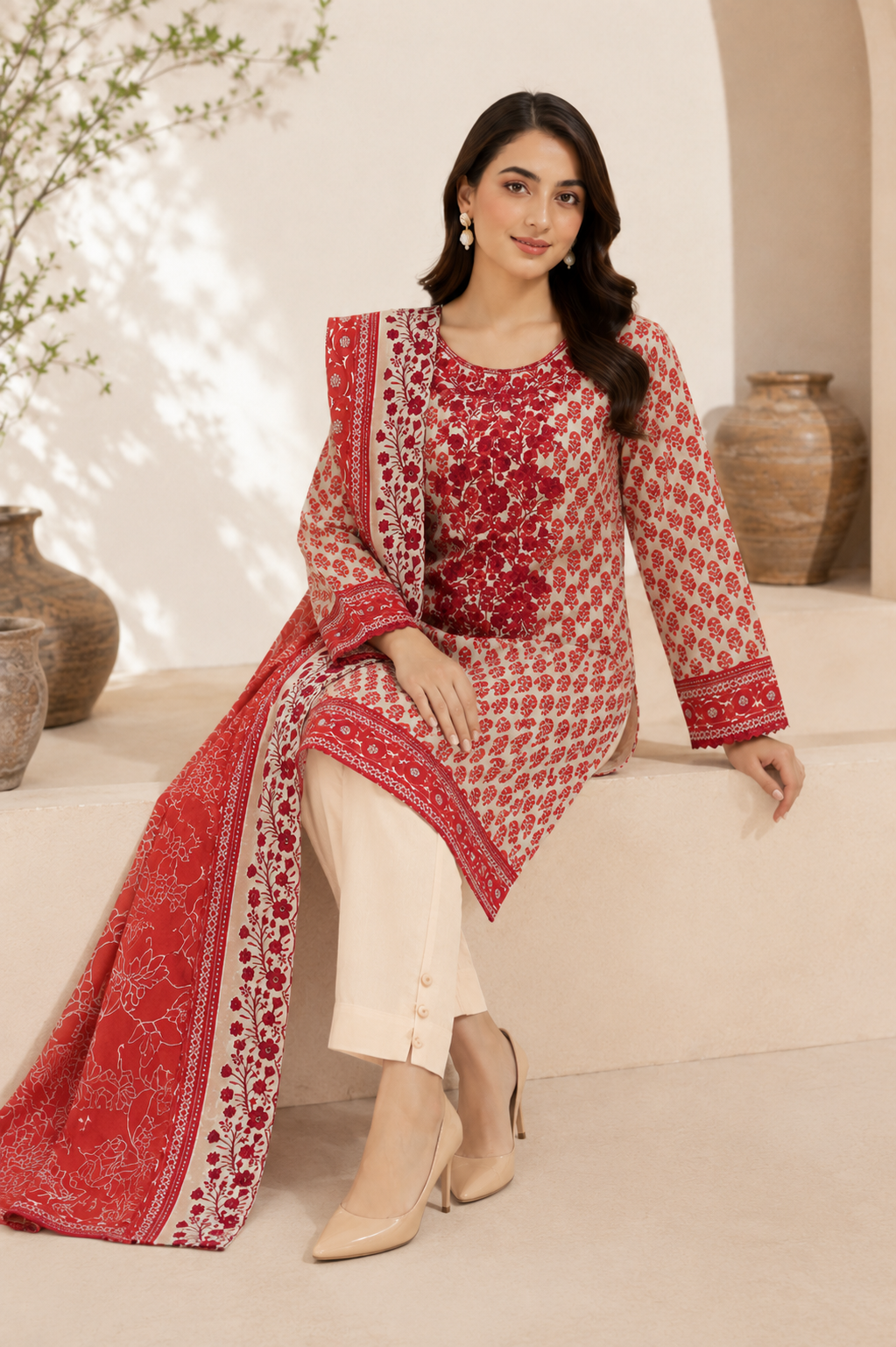 Crimson red unstitched 3 Pcs Khaddar suit for women with printed red shawl