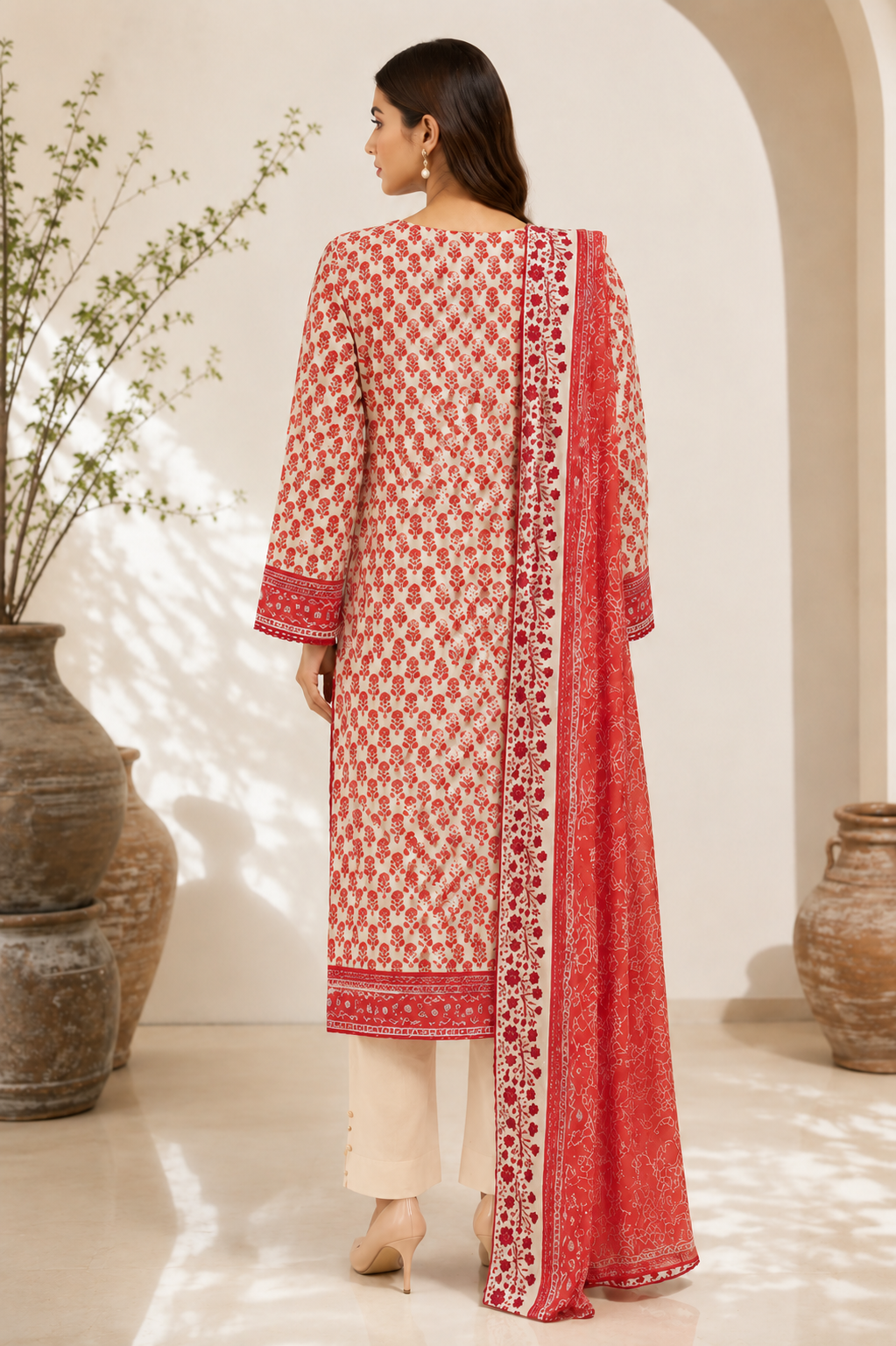 Women's crimson red unstitched khaddar suit with ornate chest embroidery