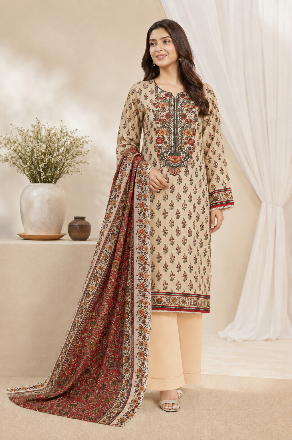 Women's beige unstitched khaddar suit with rust and olive floral neckline embroidery