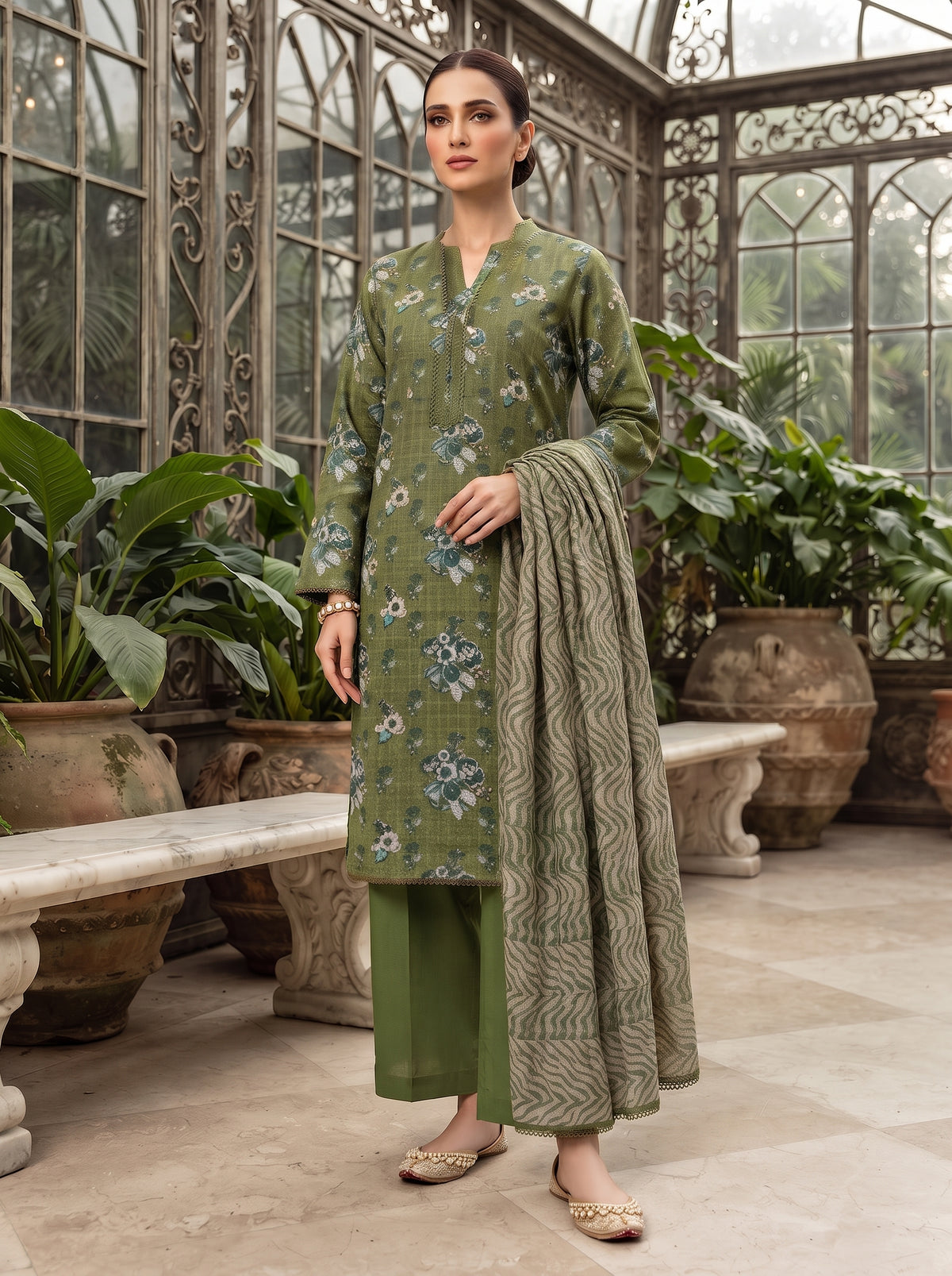 Olive green embroidered 3-piece stitched suit