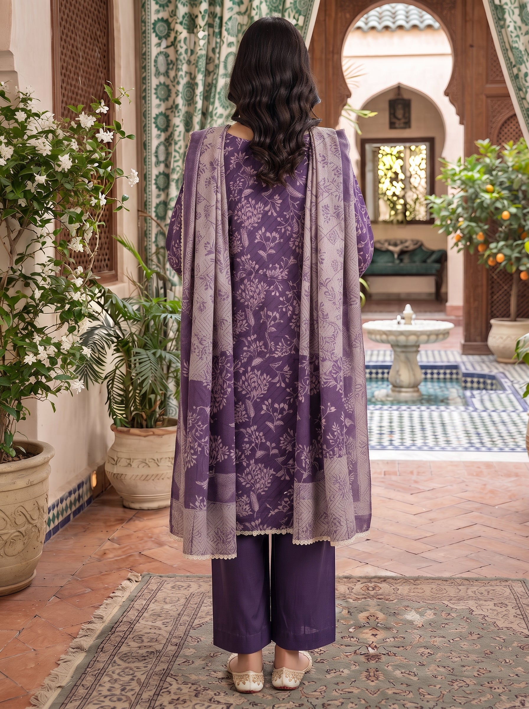 Plum purple floral printed 3-piece stitched suit