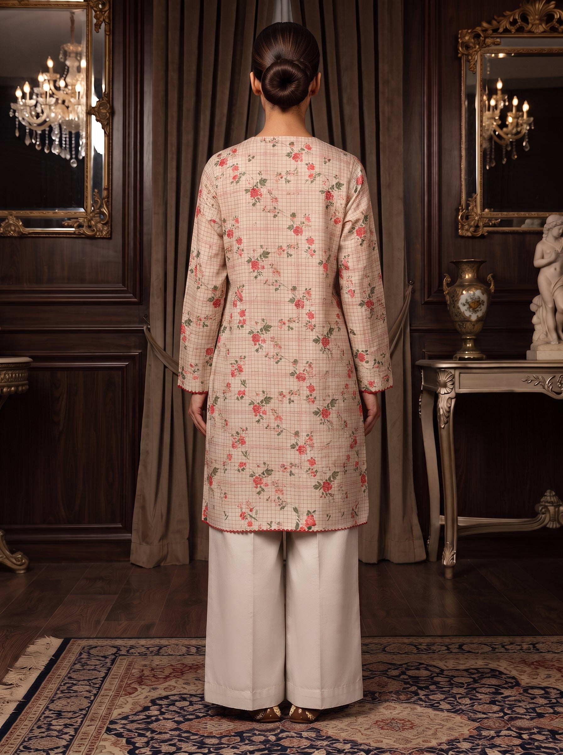 Ivory floral printed 3-piece stitched suit with crimson shawl dupatta