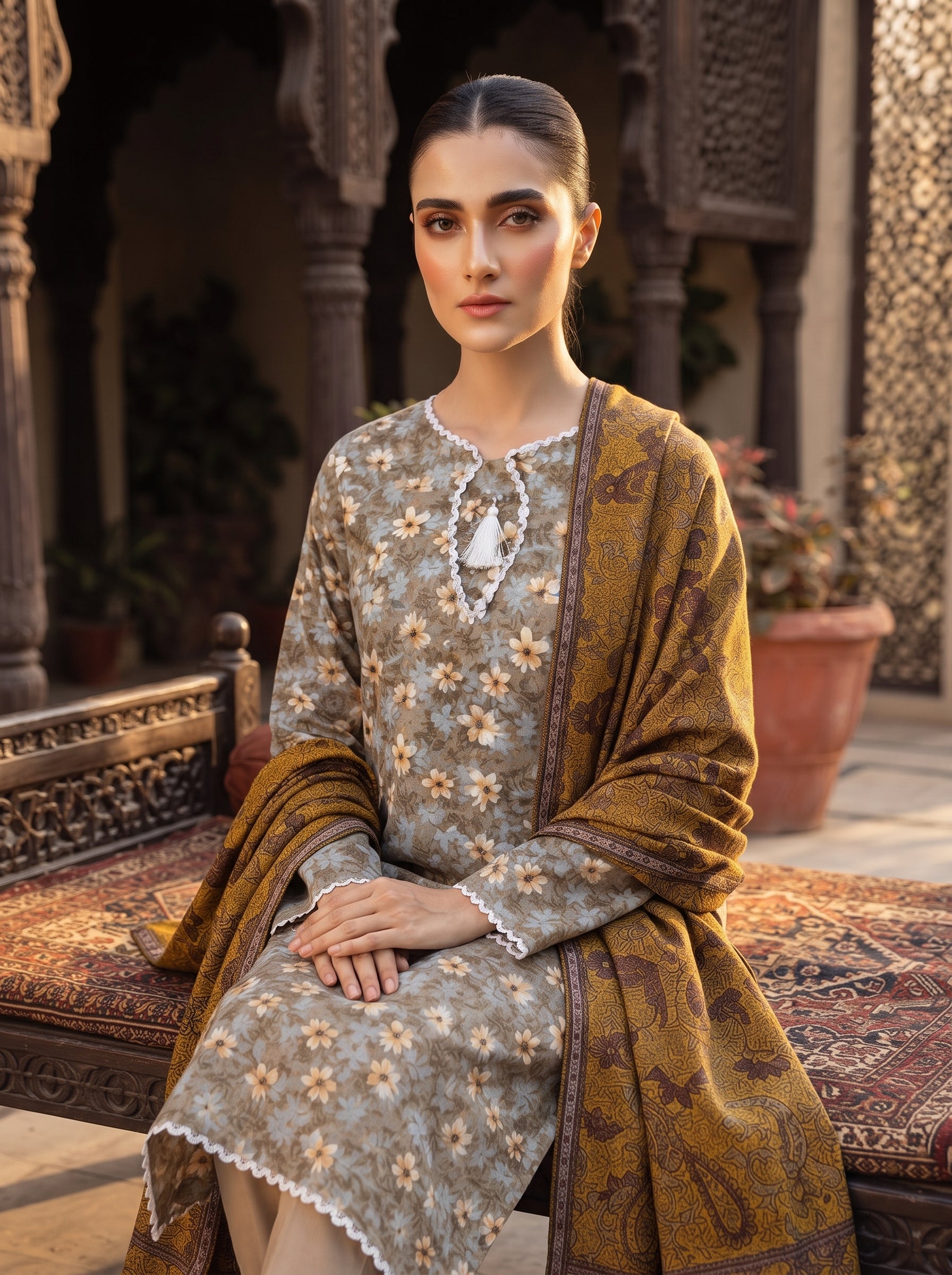 Taupe grey floral printed 3-piece stitched suit with mustard shawl dupatta