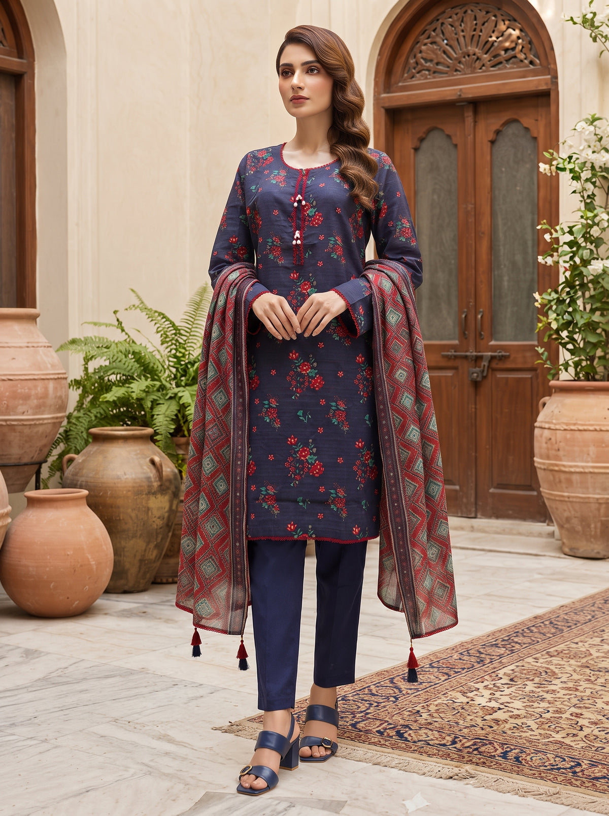 Navy blue printed 3-piece stitched suit with lace trim
