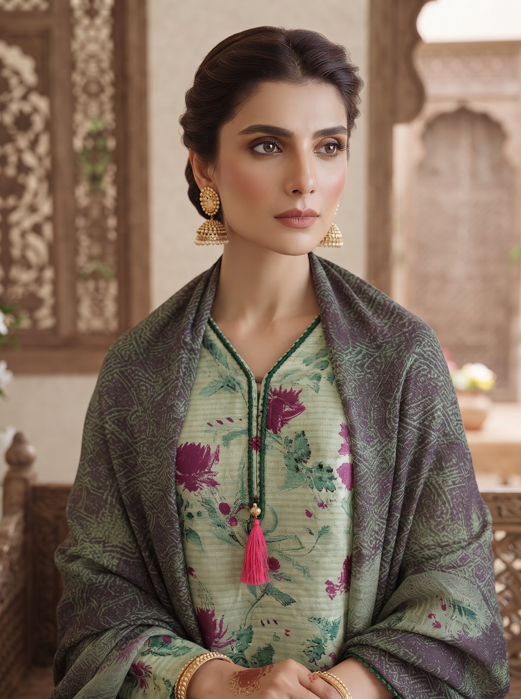 Mint green floral print stitched suit, lace edging on cuffs and hem