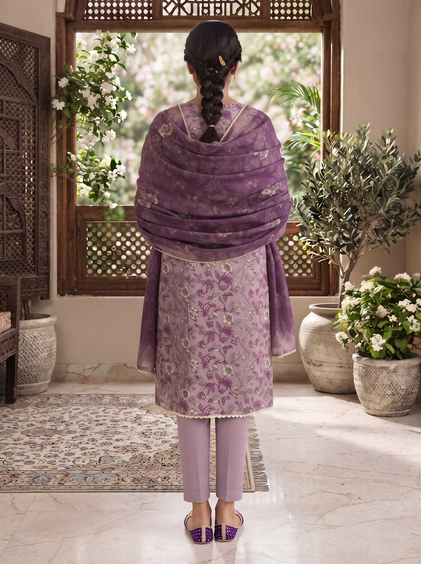 Lilac botanical printed ready to wear 3-piece lawn suit