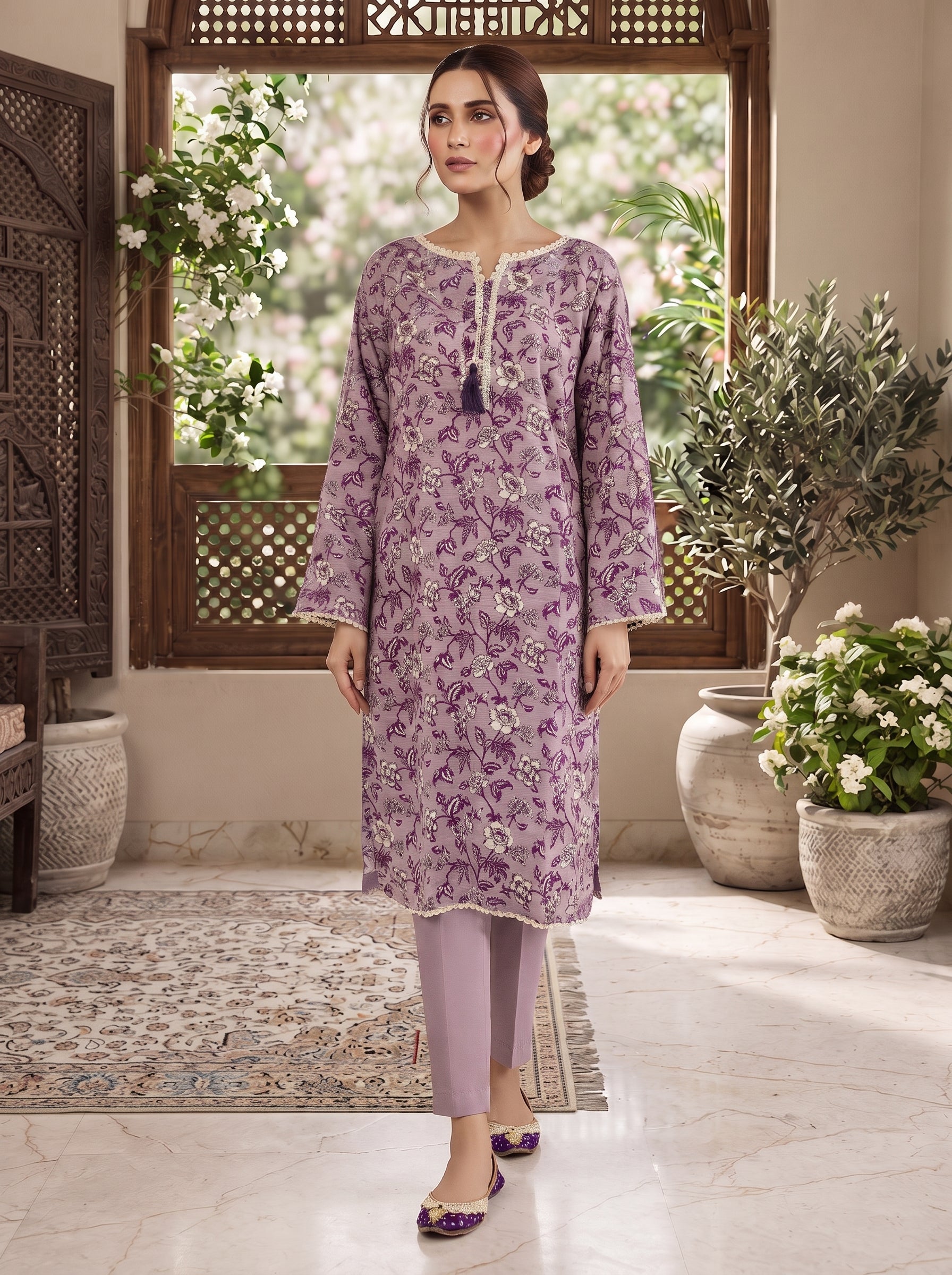 Lilac floral printed 3-piece stitched lawn suit with violet-purple dupatta