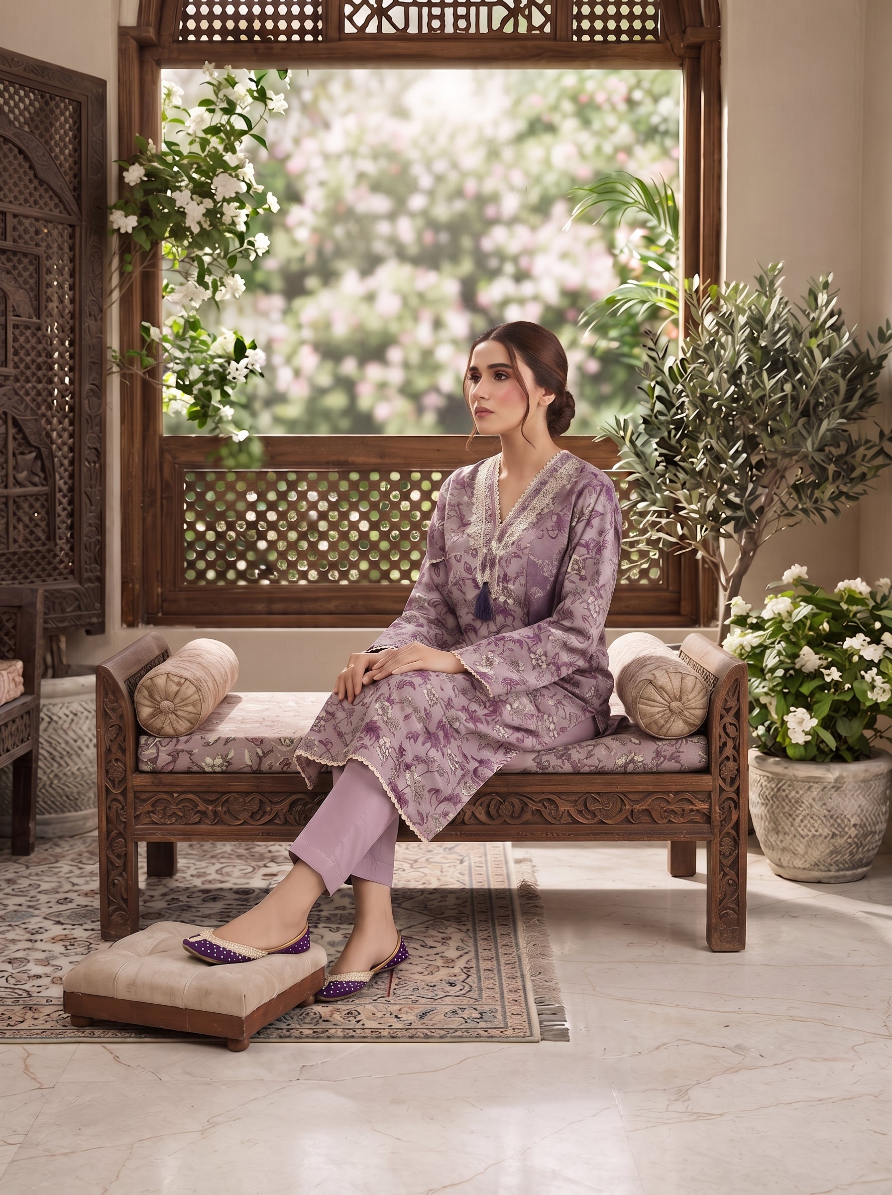 Lilac 3-piece stitched lawn suit with beige lace V-neckline