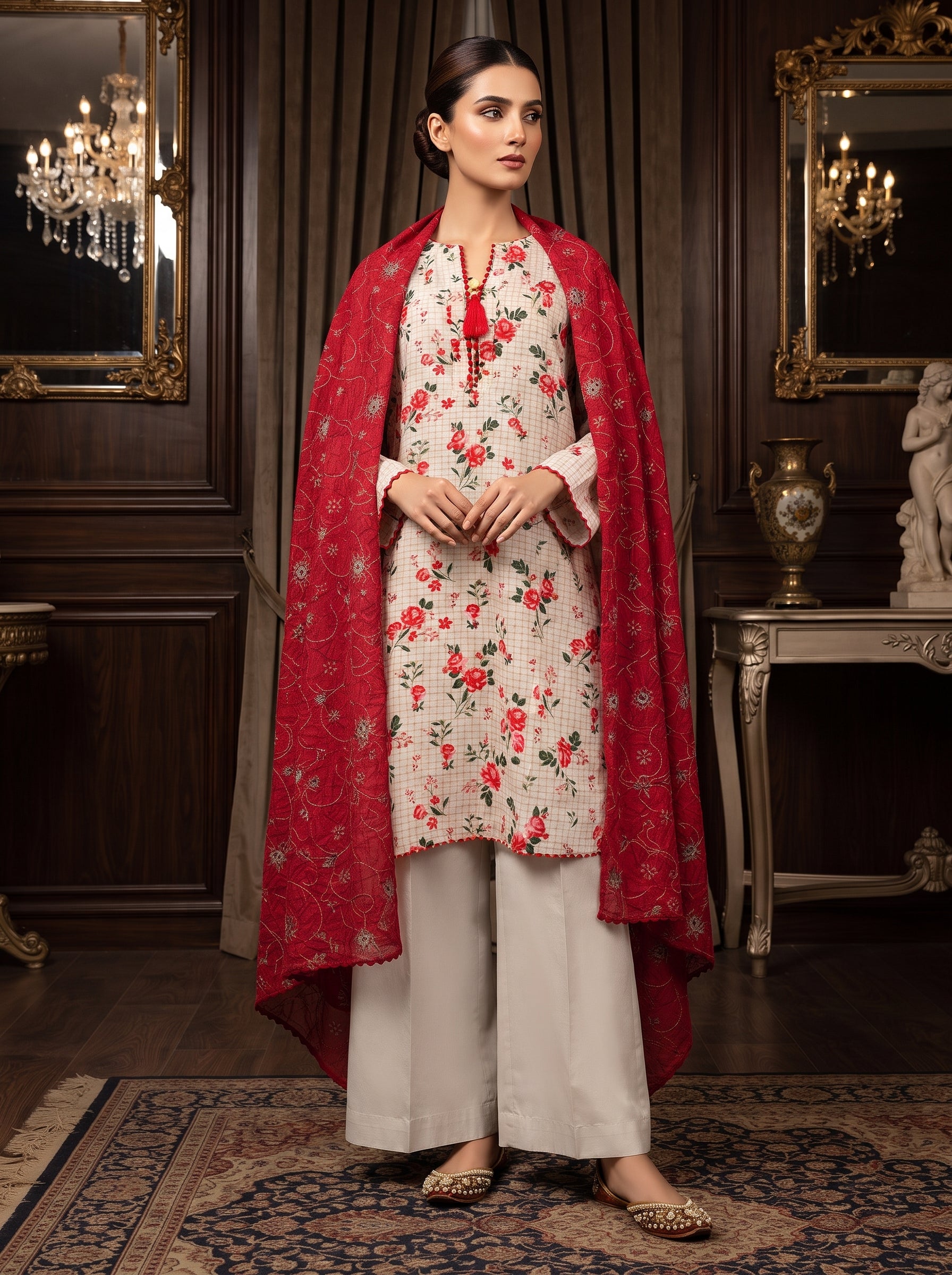 Ivory floral printed 3-piece stitched suit with crimson shawl dupatta