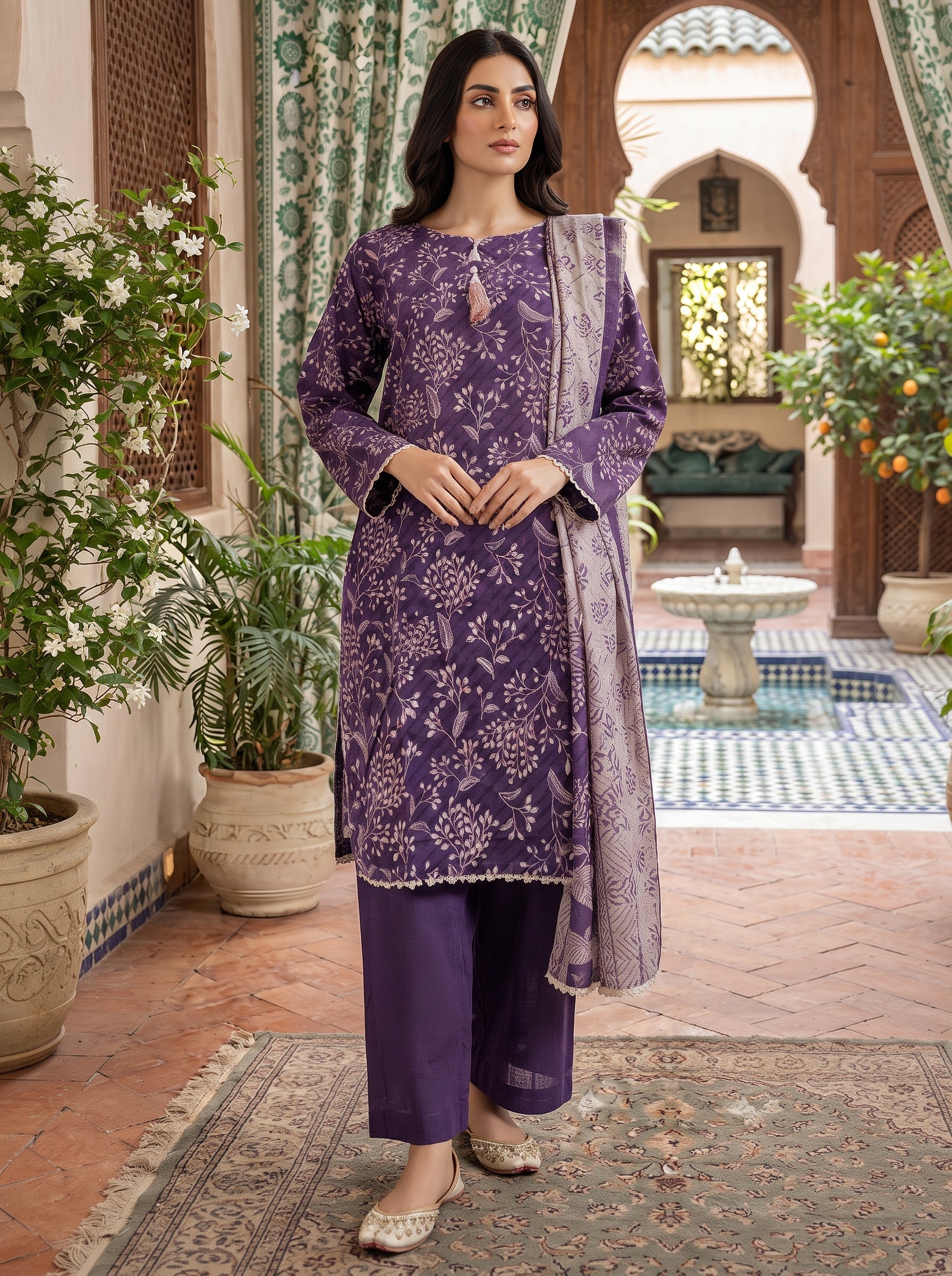 Plum purple floral printed 3-piece stitched suit