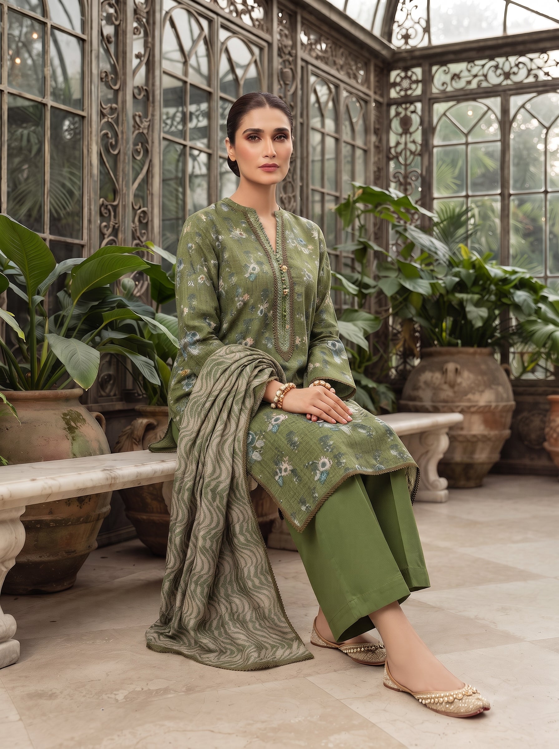 Olive green embroidered 3-piece stitched suit