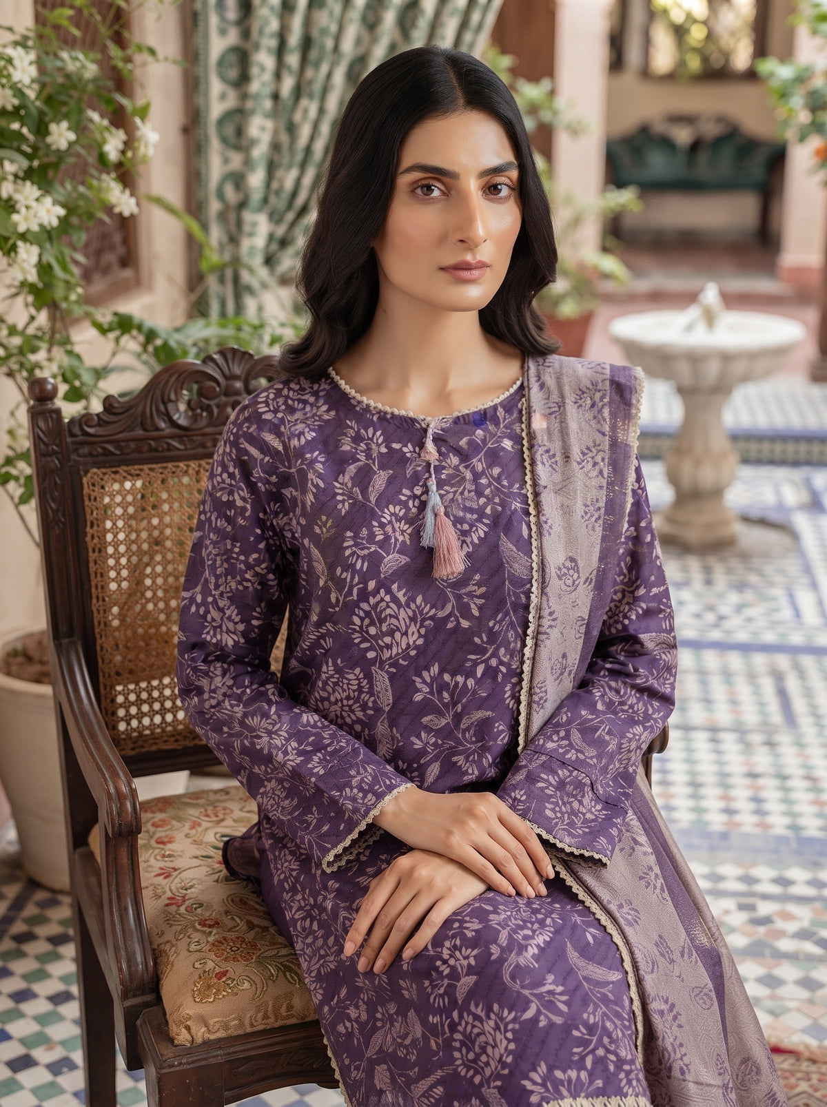 Plum purple floral printed 3-piece stitched suit