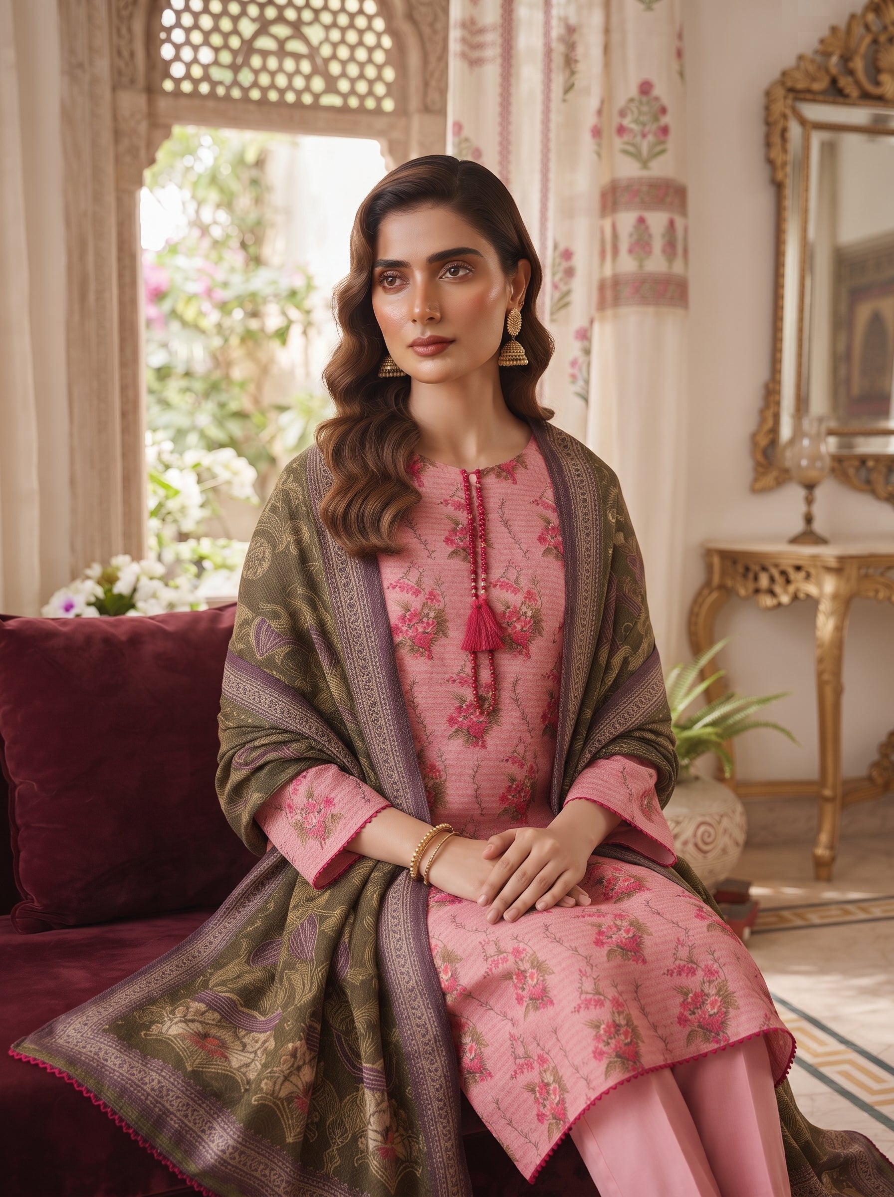 Blush pink floral printed 3-piece stitched suit