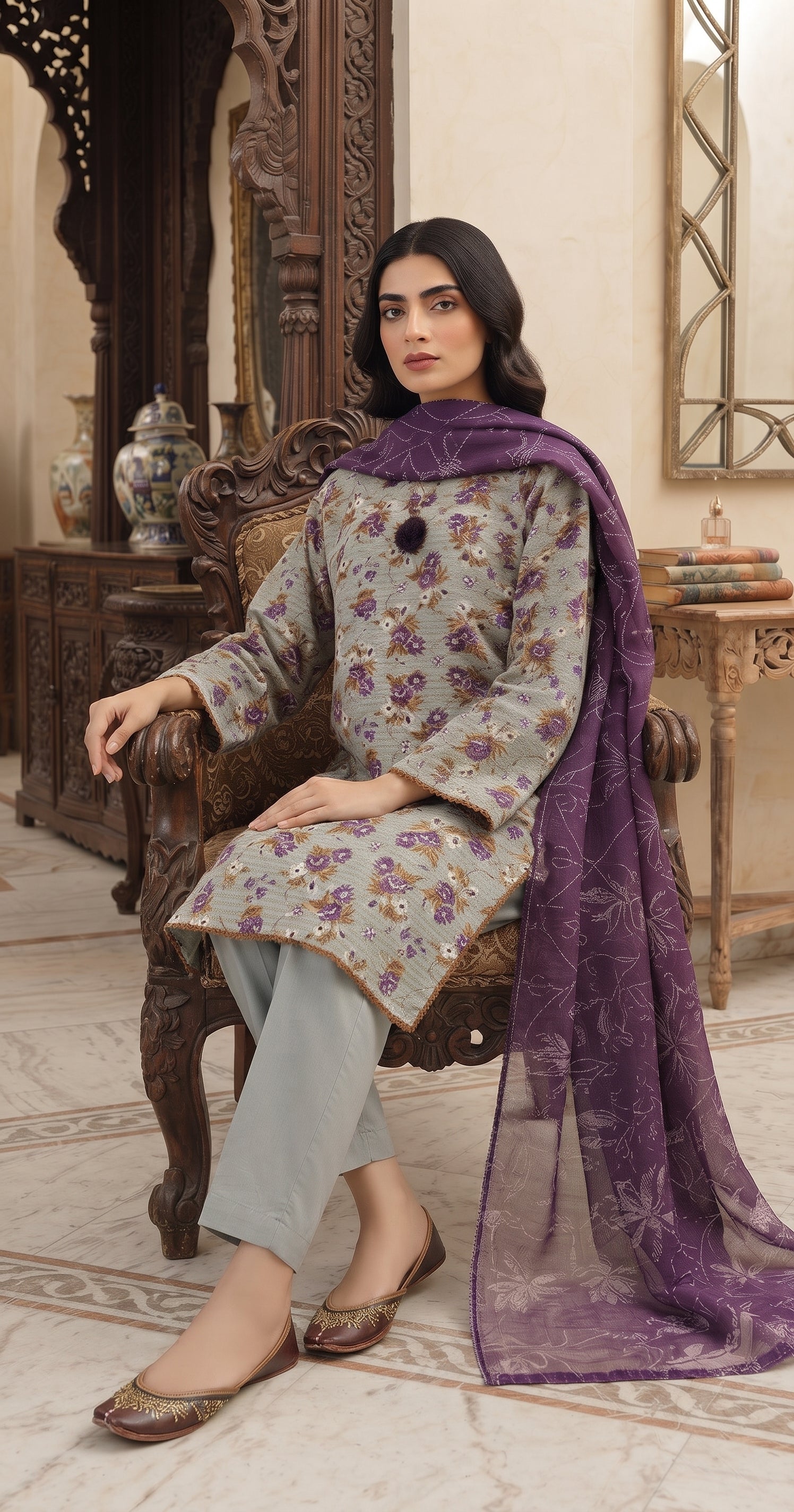 Muted grey floral printed 3-piece stitched suit