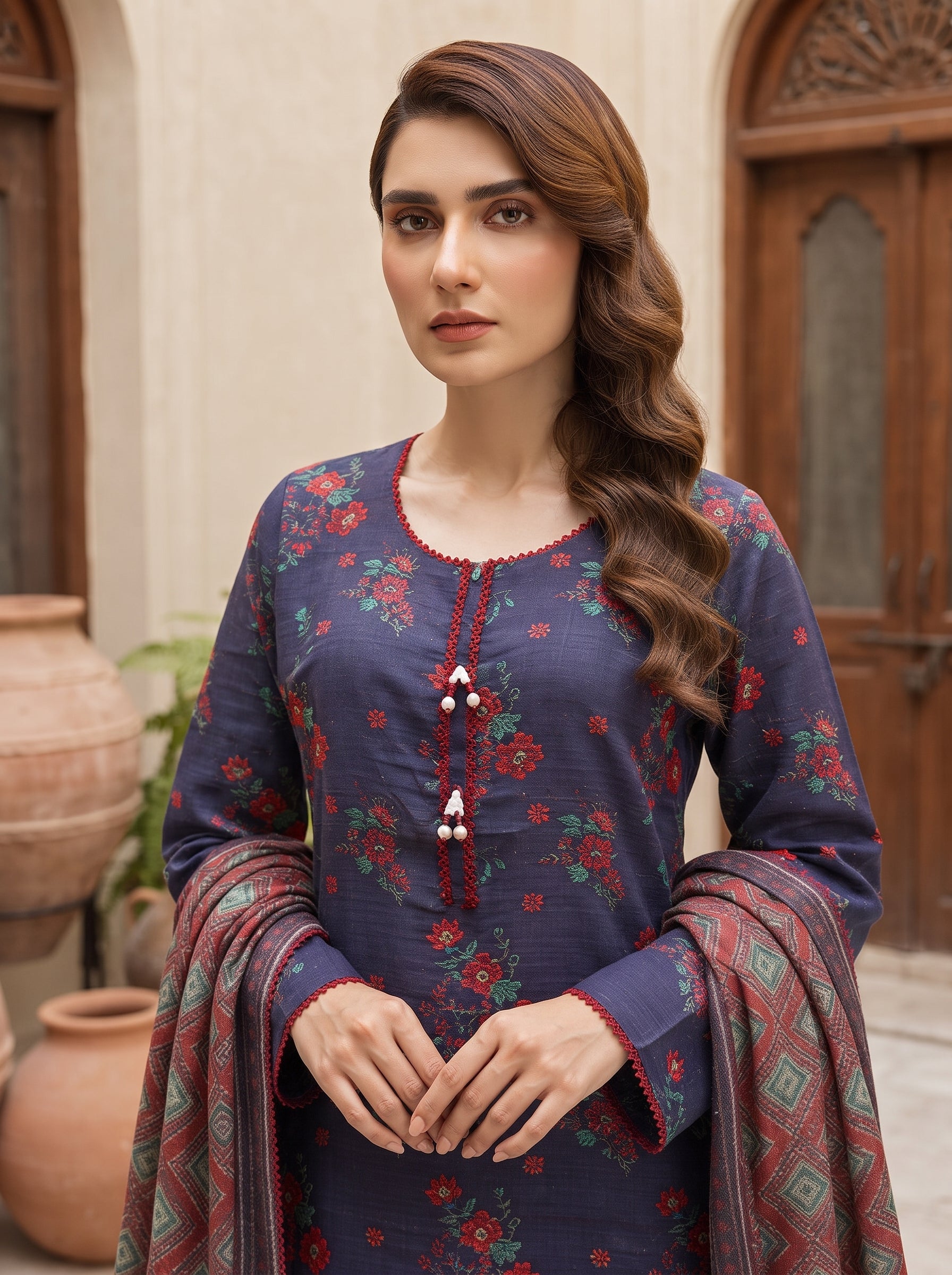 Navy blue printed 3-piece stitched suit with lace trim