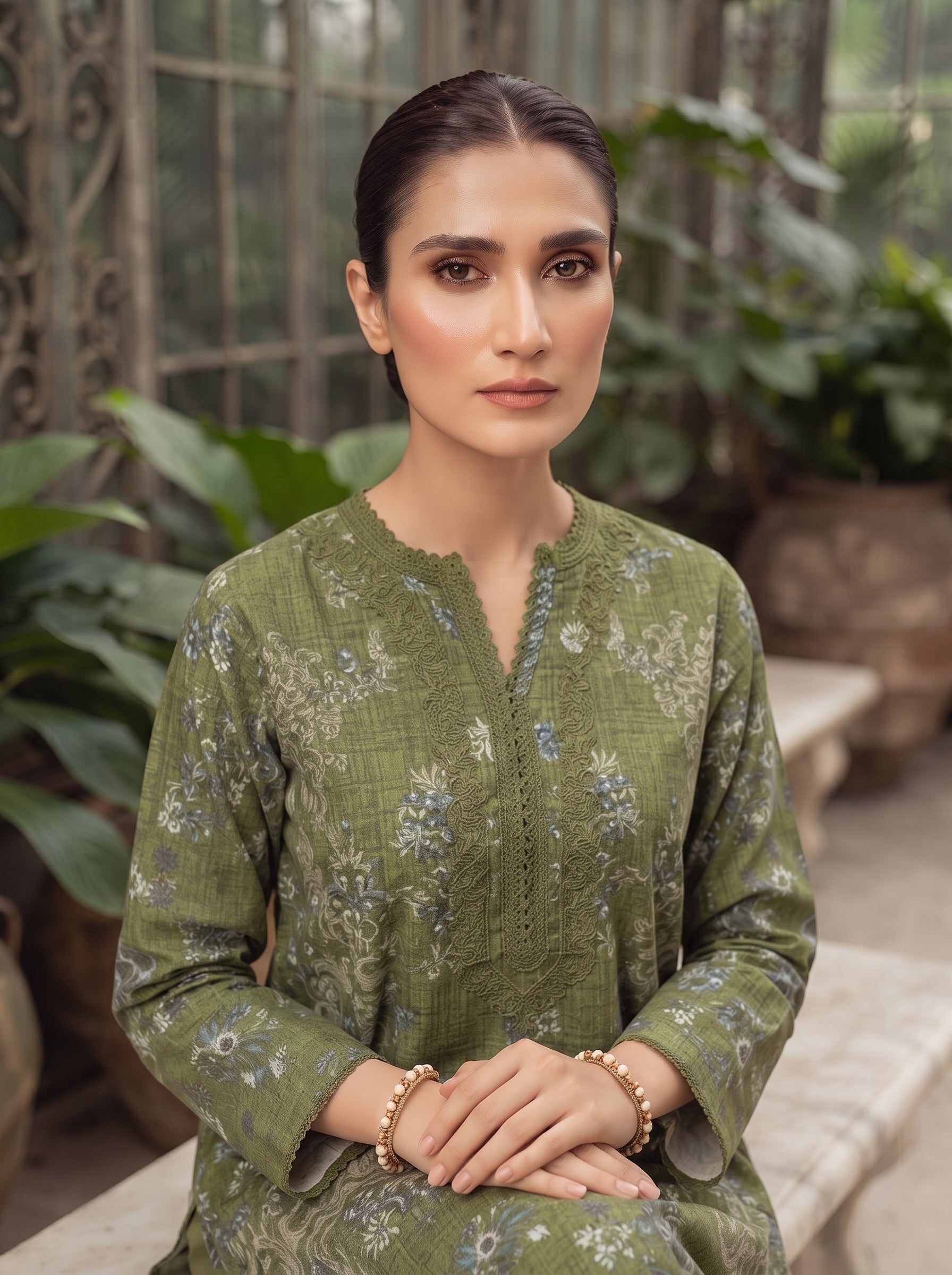 Olive green embroidered 3-piece stitched suit