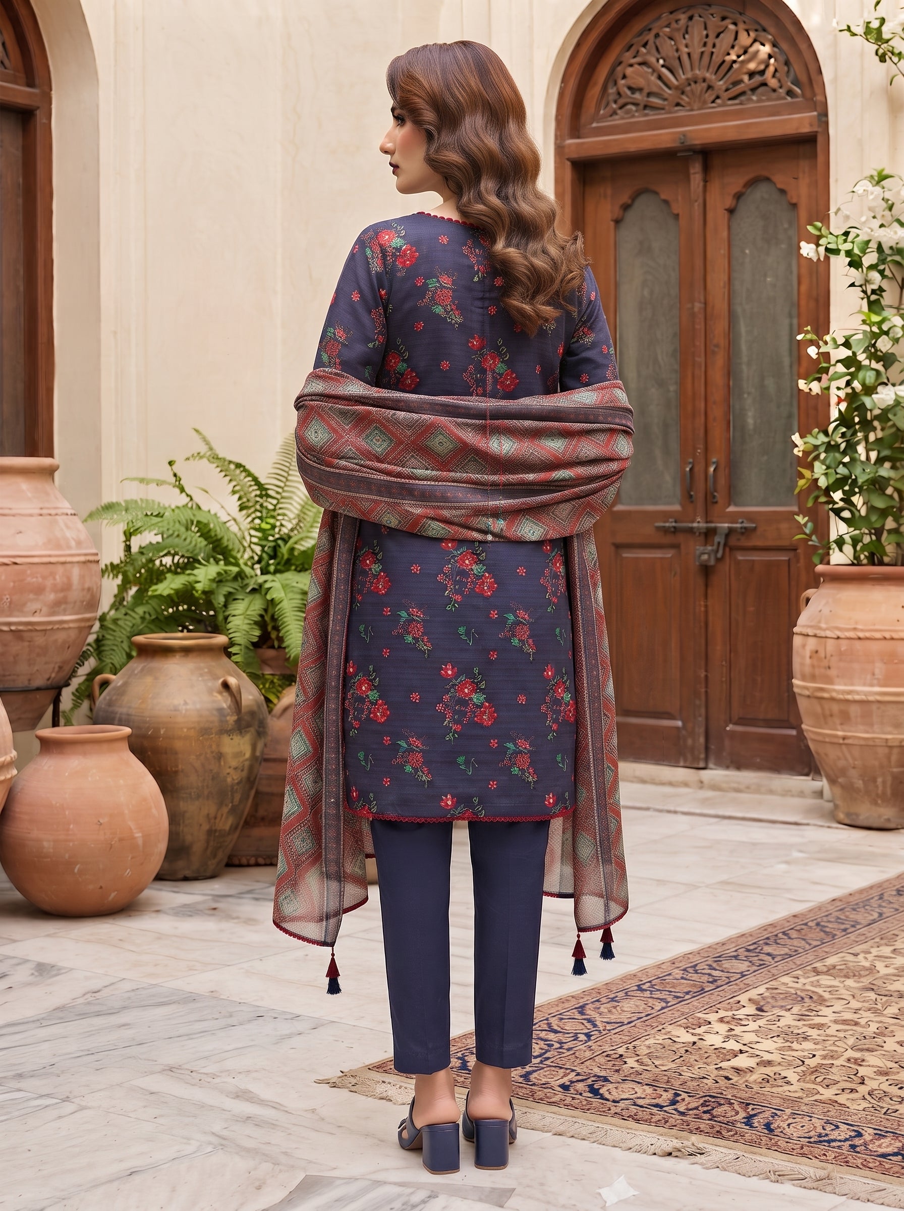 Navy blue printed 3-piece stitched suit with lace trim