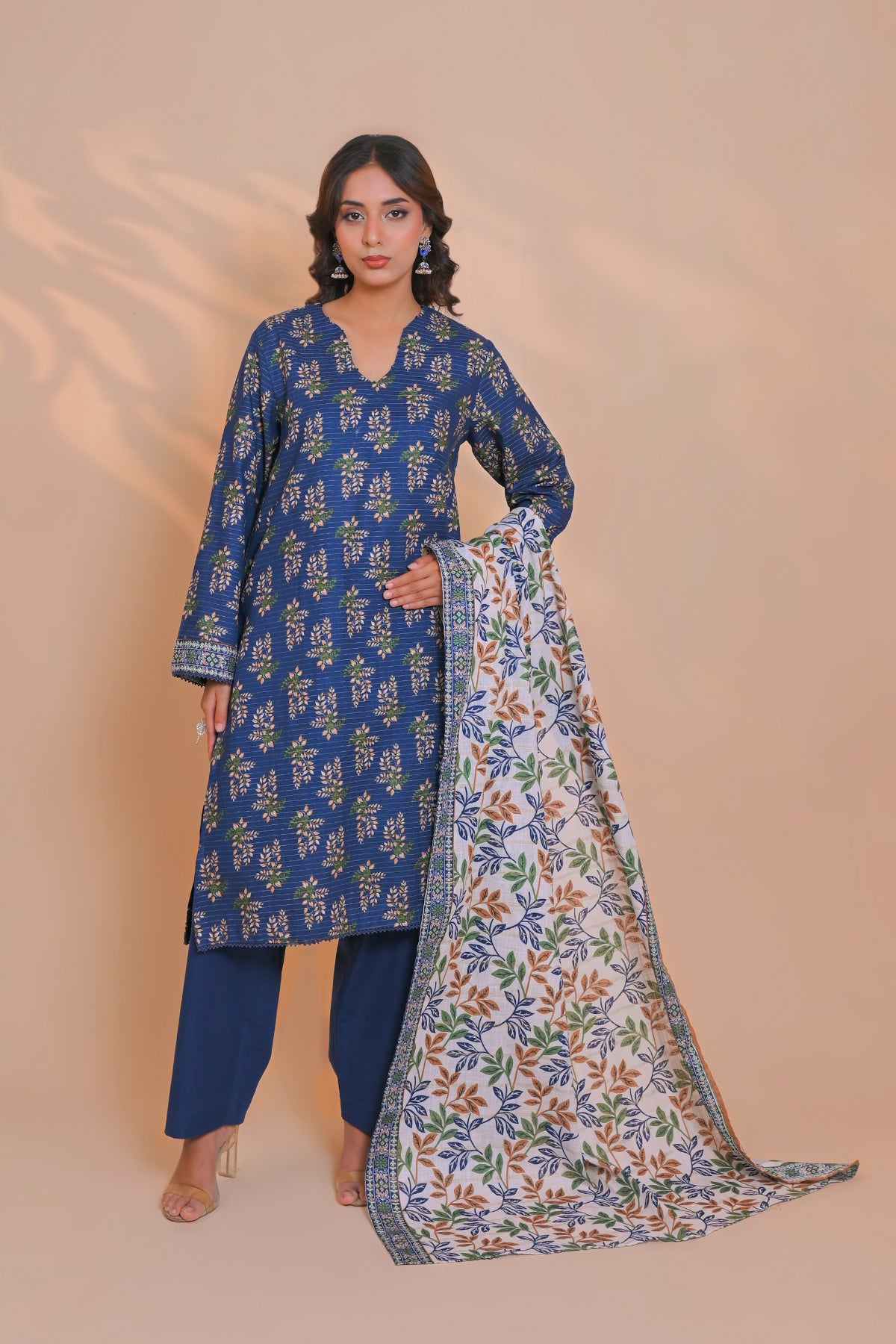 Royal blue micro-leaf floral print on unstitched khaddar suit for women