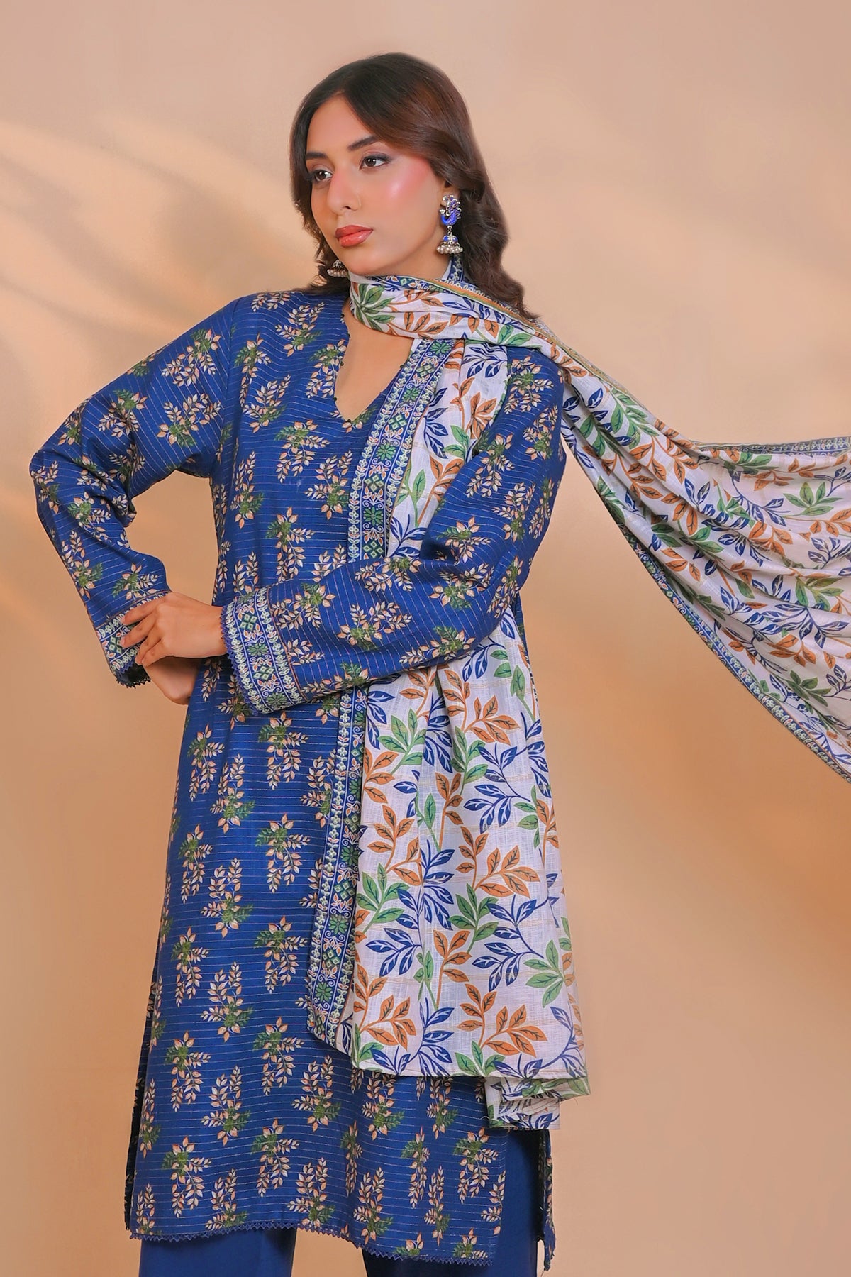 Women's royal blue unstitched khaddar suit with ethnic border patti