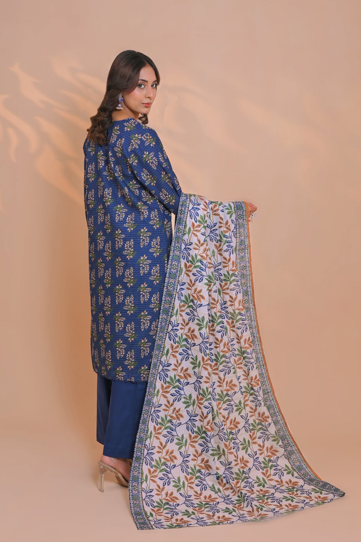 3 Pcs Unstitched printed Essential khaddar Suit in royal blue for women