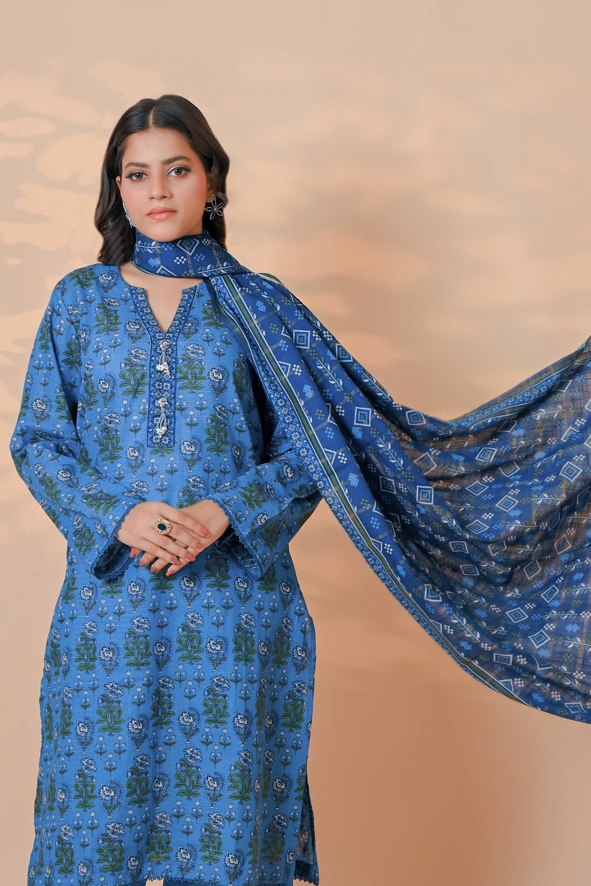 3 Pcs Unstitched printed Essential khaddar Suit in sky blue for women