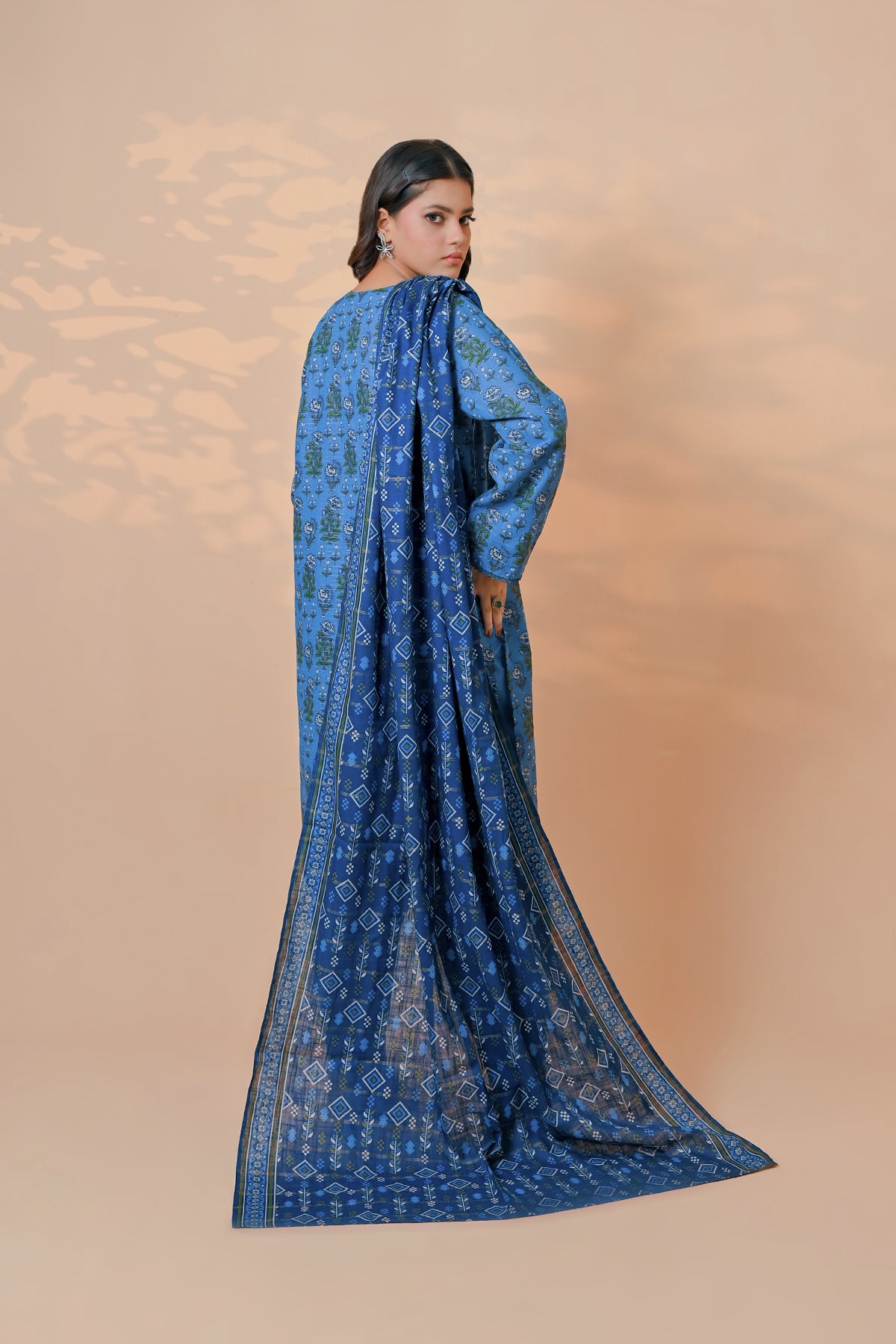 Women's sky blue unstitched khaddar suit with neckline embellishment