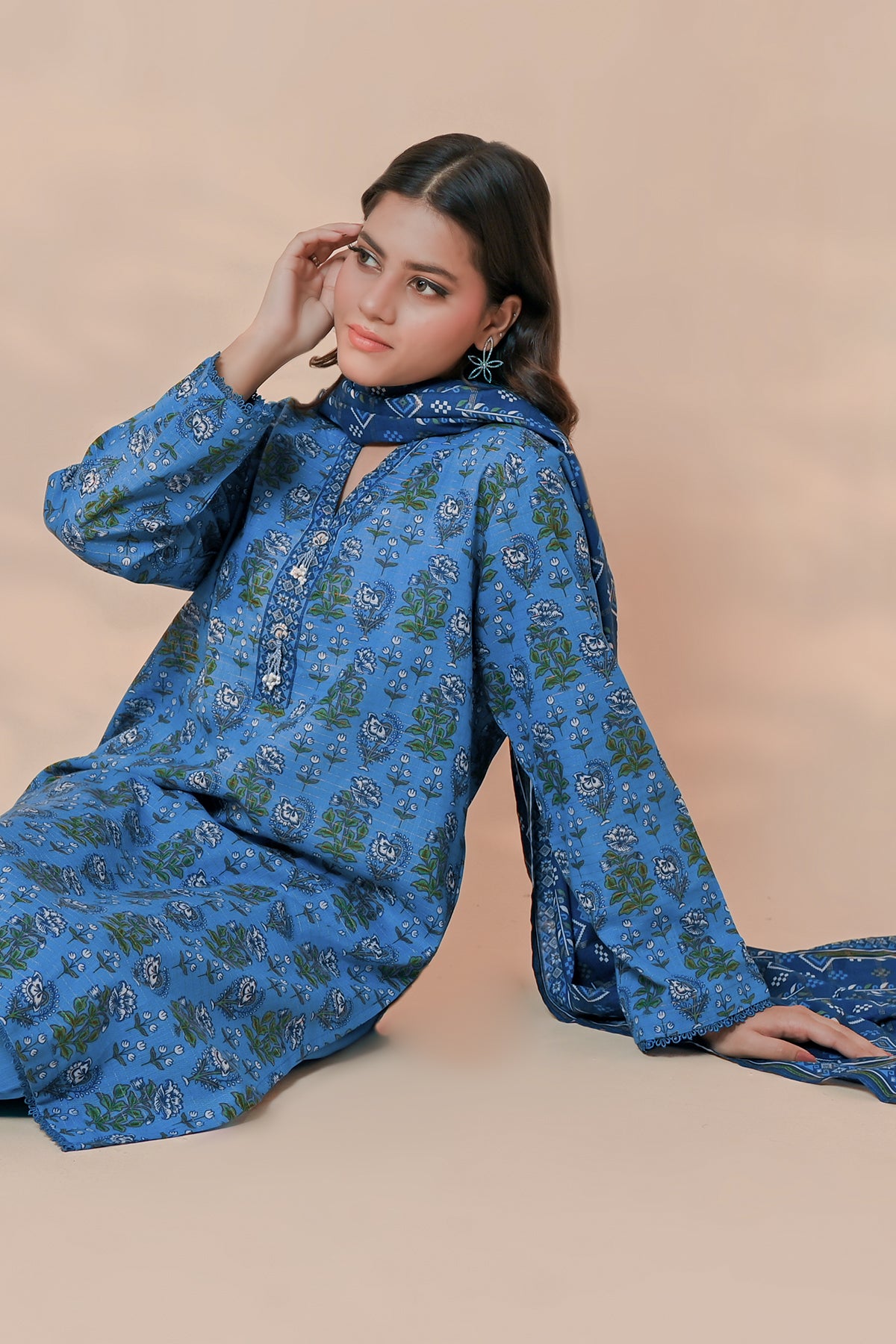 Sky blue floral urn motif print on unstitched khaddar suit for women