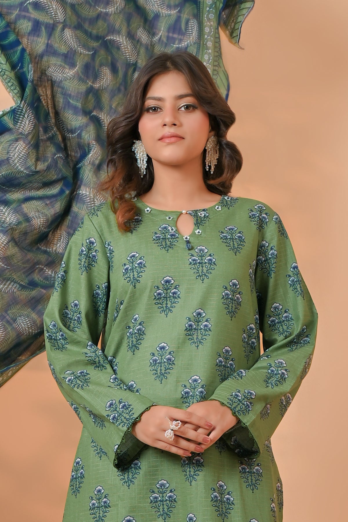 Light sky blue traditional floral urn print on unstitched khaddar suit for women