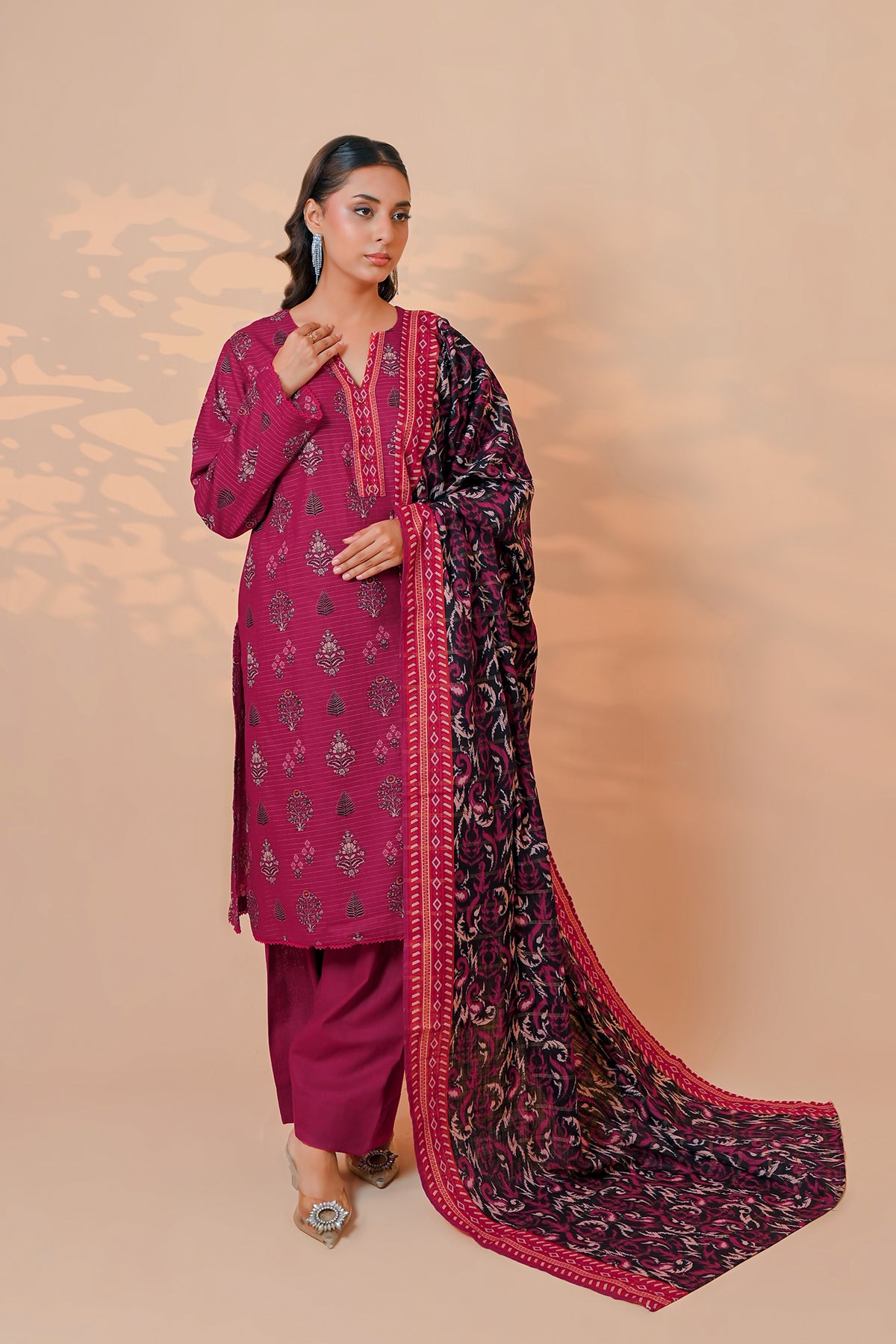 Magenta-berry ethnic floral sprig print on unstitched khaddar suit for women
