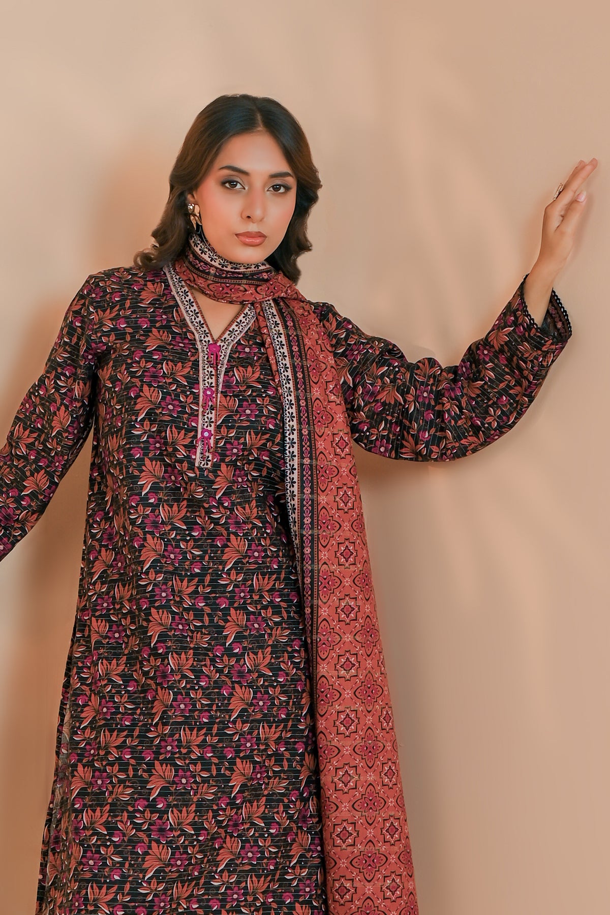 Blush pink brown botanical sprig print on unstitched khaddar suit for women
