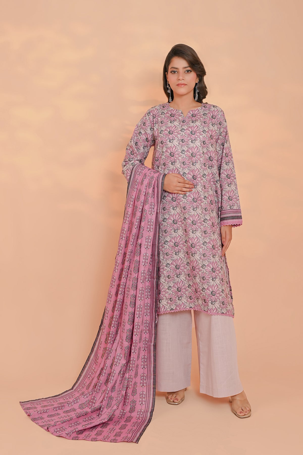 Warm rust-rose floral sprig print on unstitched khaddar suit for women