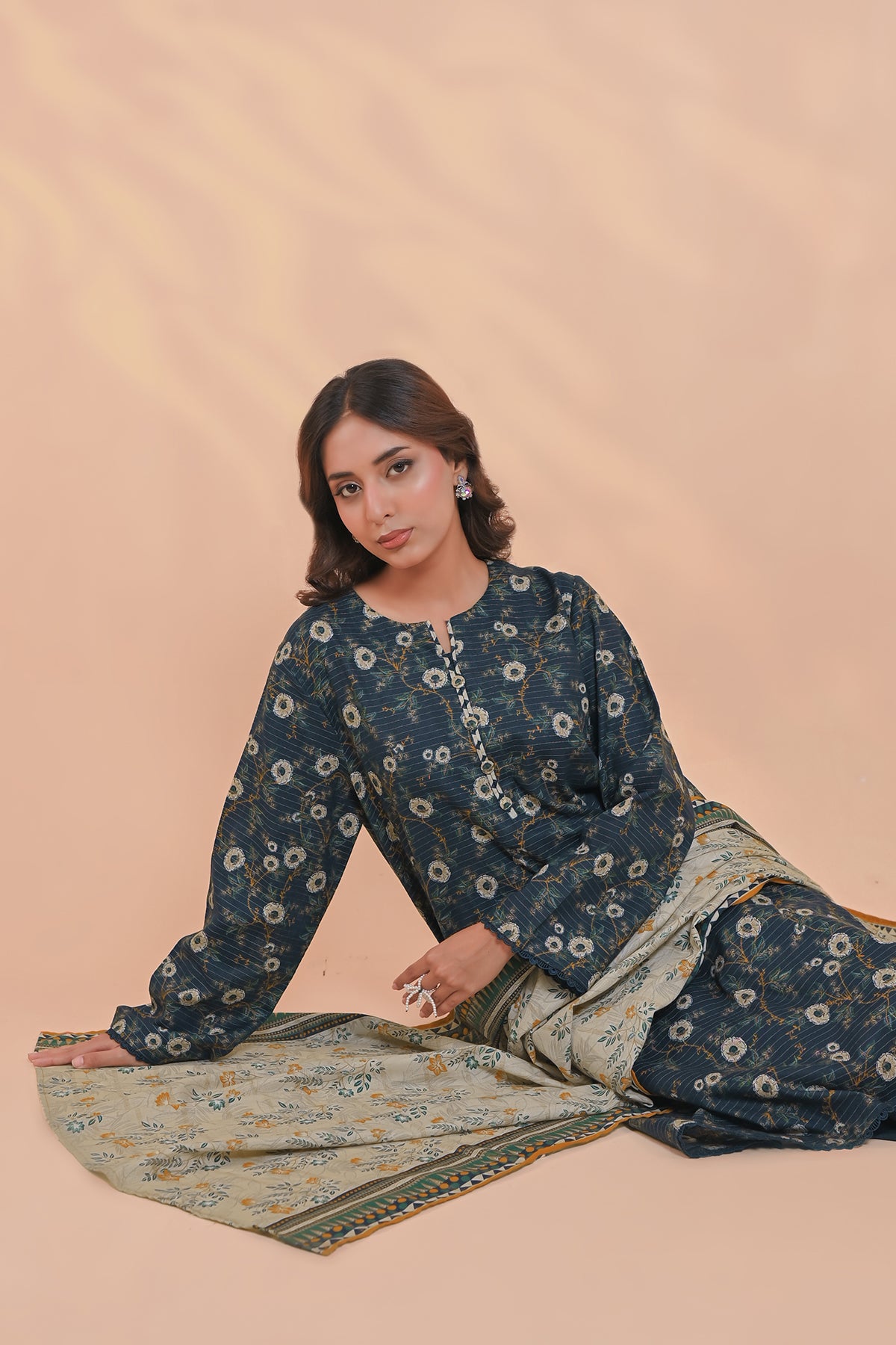 3 Pcs Unstitched printed Essential khaddar Suit in teal-charcoal for women