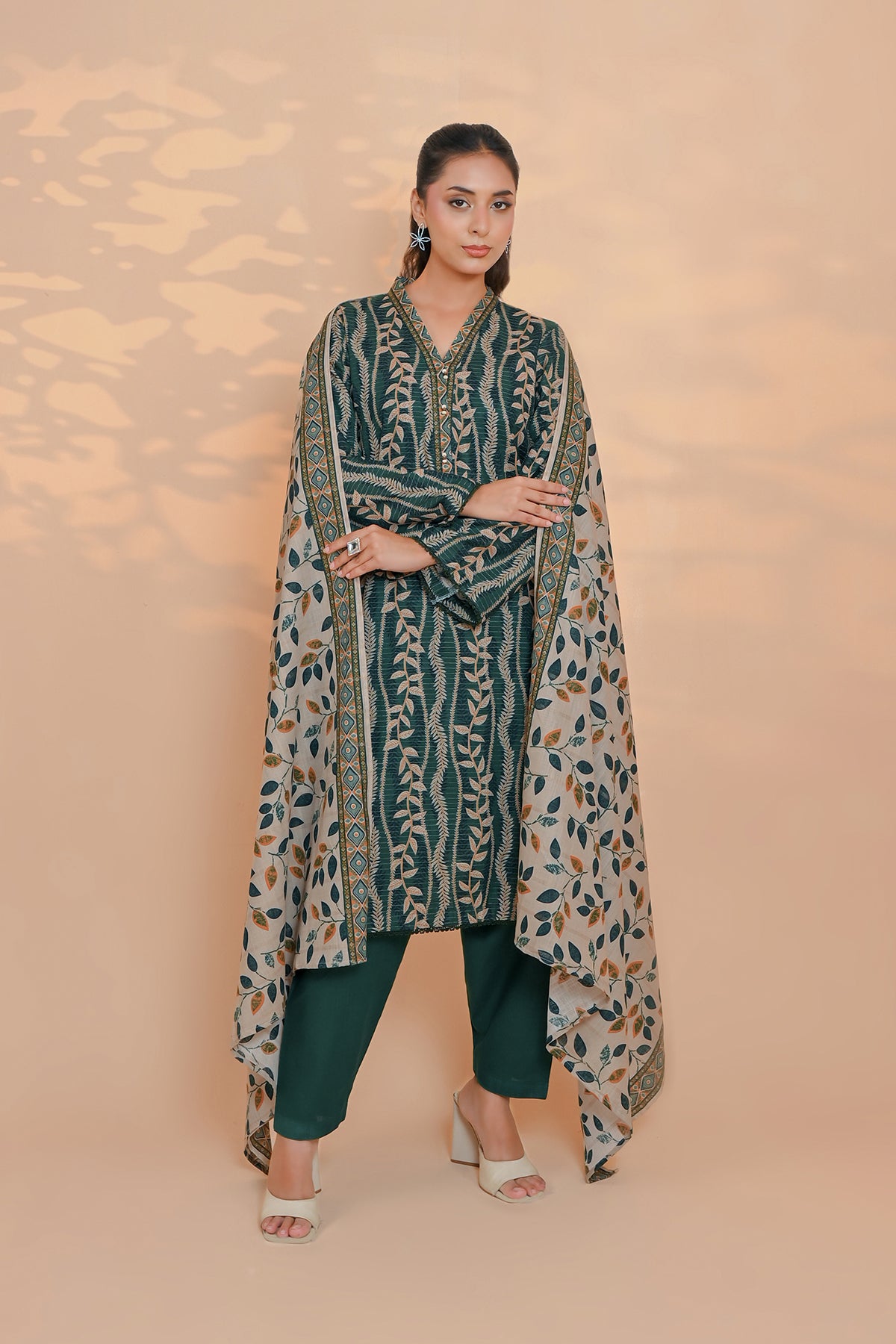 Pine green botanical vine print on unstitched khaddar suit for women
