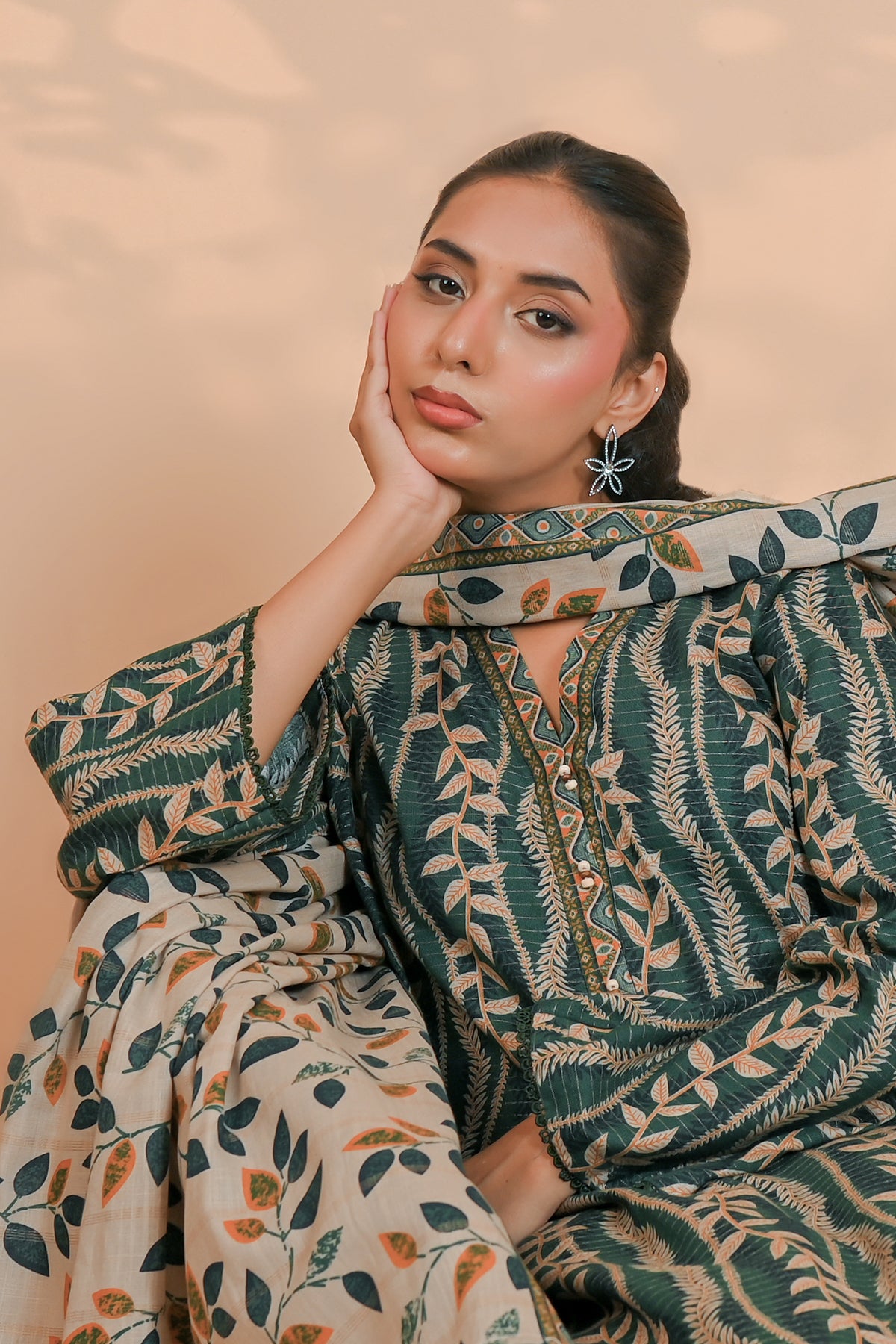 Women's pine green unstitched khaddar suit with scalloped V-neckline placket